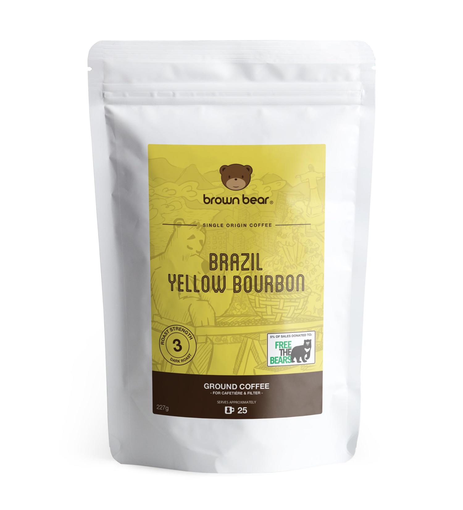 Brazilian Ground Coffee 227g - Brazil Yellow Bourbon Speciality Coffee - Medium Roast - Brown Bear - For For Cafetiere French Press V60 Filter - Strength 3 - Buy Online on GoSupps.com