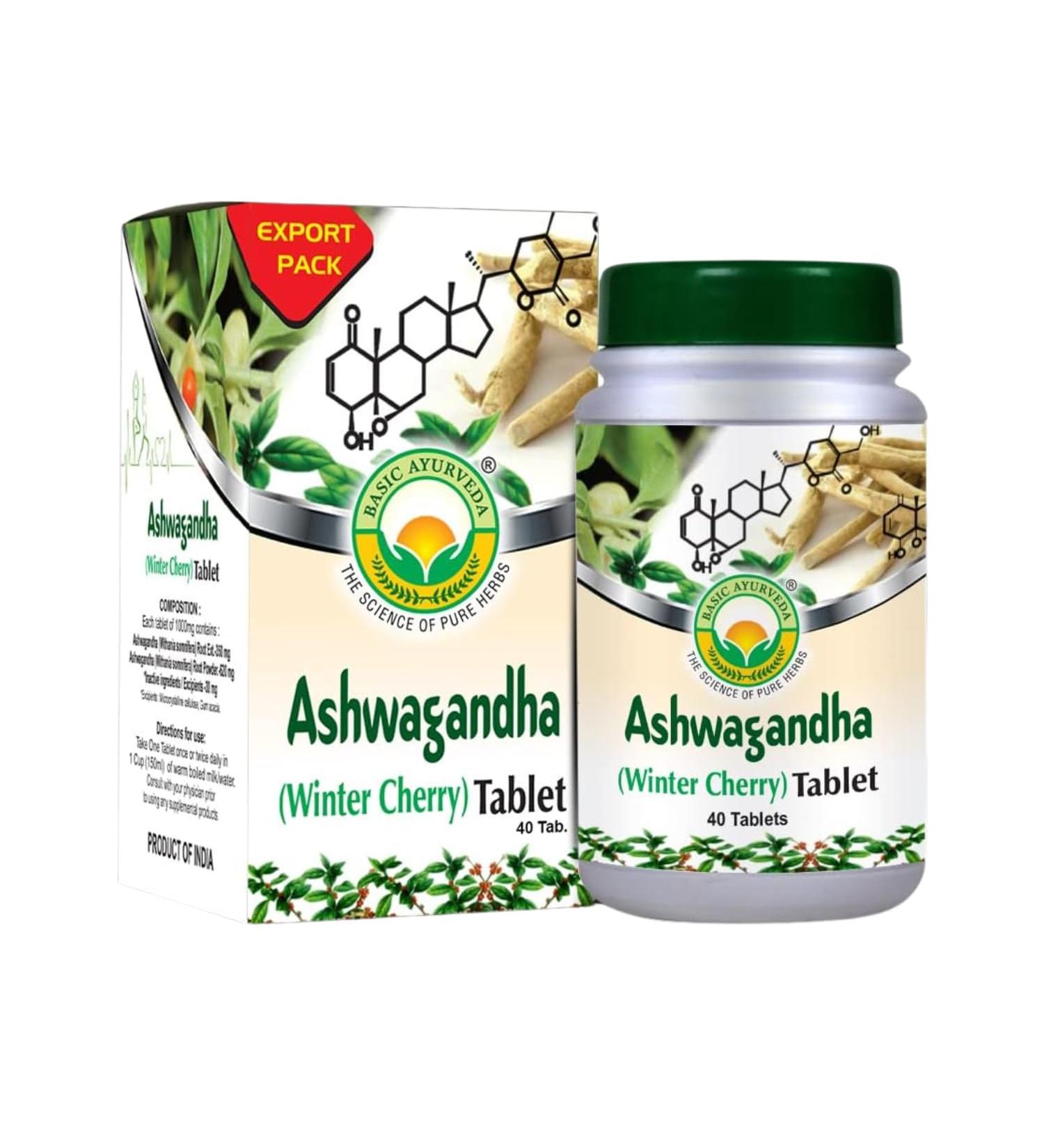 BASIC AYURVEDA Ashwagandha Tablets - 1000mg | Winter Cherry Herbal Supplement | Plant-Based Formula for Daily Routine | Natural Root Extract for Men & Women | 40 Tablets - Buy Online on GoSupps.com