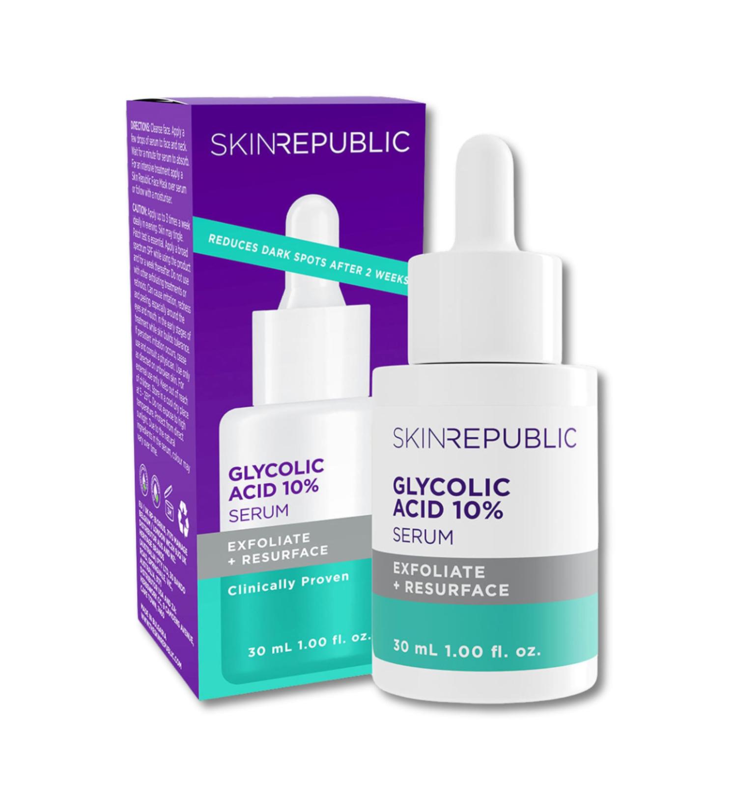 Skin Republic Glycolic Acid 10% Exfoliating Serum to visibly brighten refine tone and smooth skin texture (30ml) - Buy Online on GoSupps.com