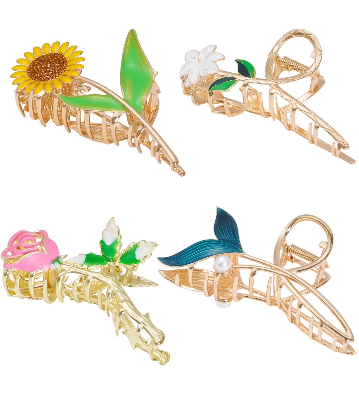 4pcs Flower Metal Hair Claw Clips Set - Cute Floral Hair Barrettes for Women | Non-slip Hair Accessories for Thick Curly Hair - Buy Online on GoSupps.com
