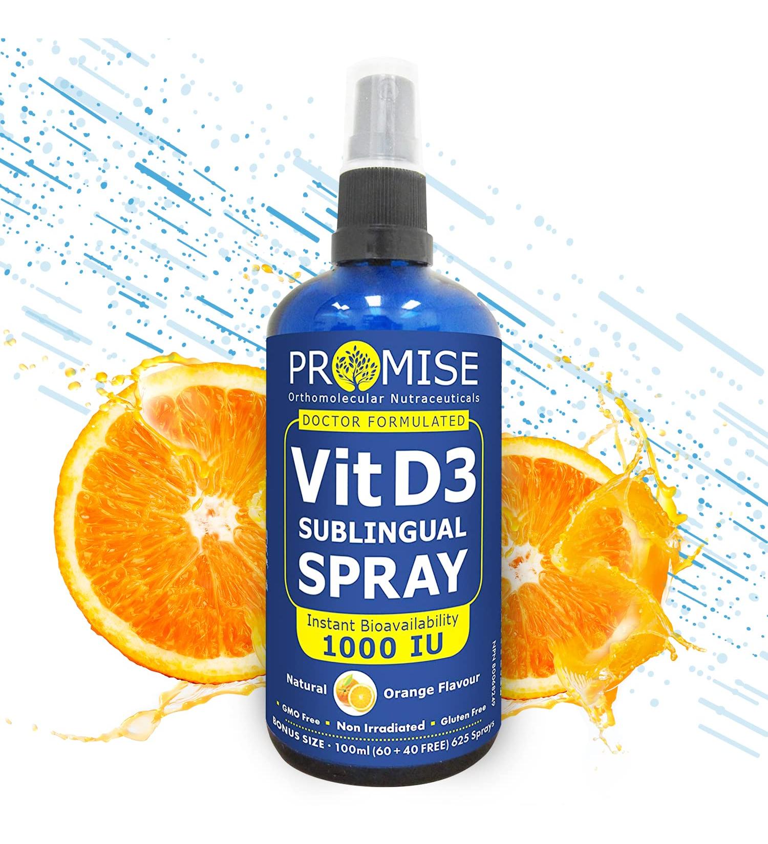 Promise Vitamin D3 Sublingual Spray Family Size 100 ML- 625 SpraysMax Strength 1000 Iu Instant Absorption for Strong Bones Healthy Heart and Immunity Boost. Natural Orange Made in Canada - Buy Online on GoSupps.com
