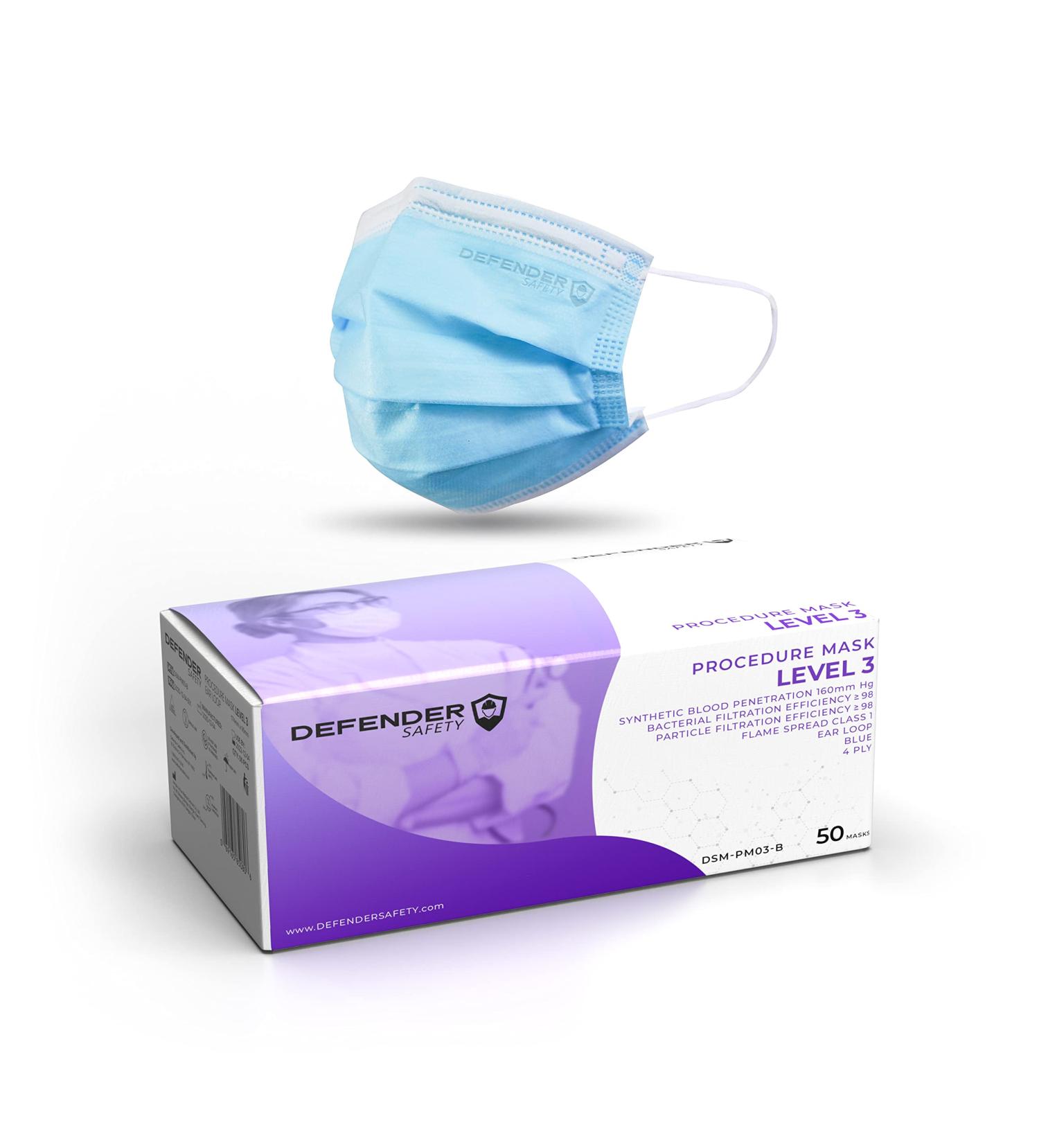 Defender Safety ASTM Level 3 Medical Grade Face Mask (50 Pack) - 4 Layer, 99% PFE Procedure Mask - Buy Online on GoSupps.com