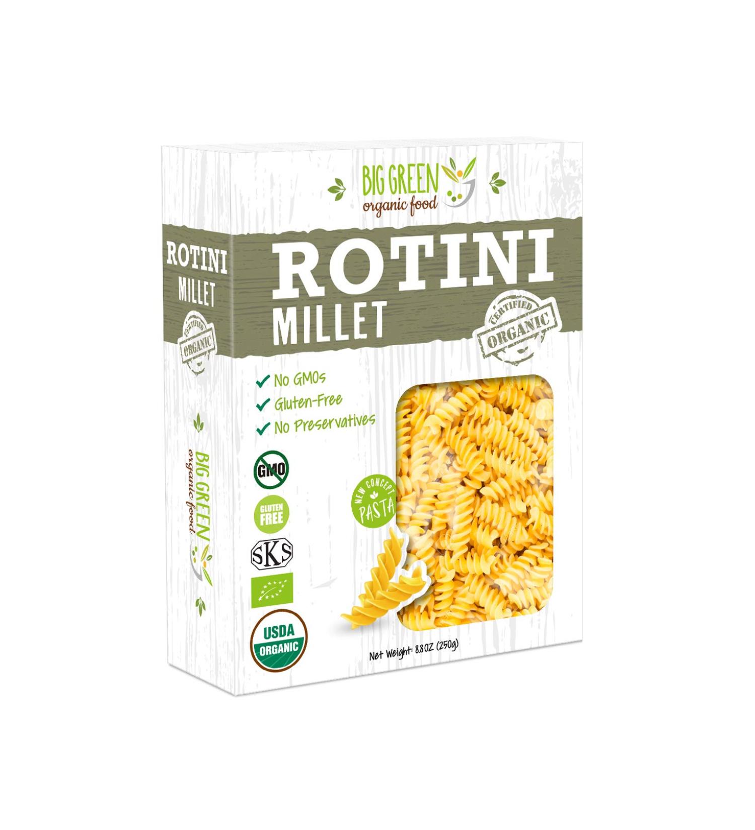 Big Green Organic Food- Organic Millet Rotini, 8.8oz, Gluten-Free, Non-GMO, Vegan (1)
