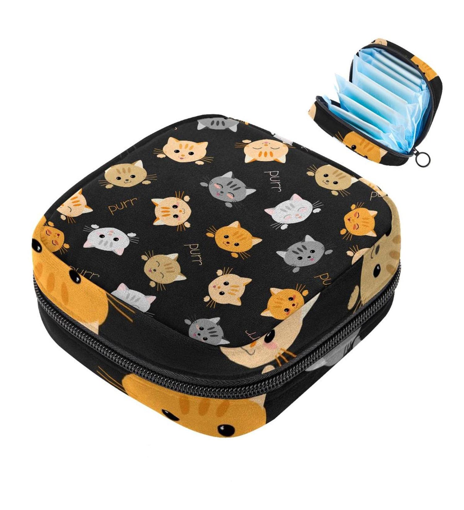Menstruation Pad Bag with Zipper - Stylish Women's Napkin & Tampon Storage - Kitten Cat Pattern - Perfect for Girls & Women - Buy Online on GoSupps.com