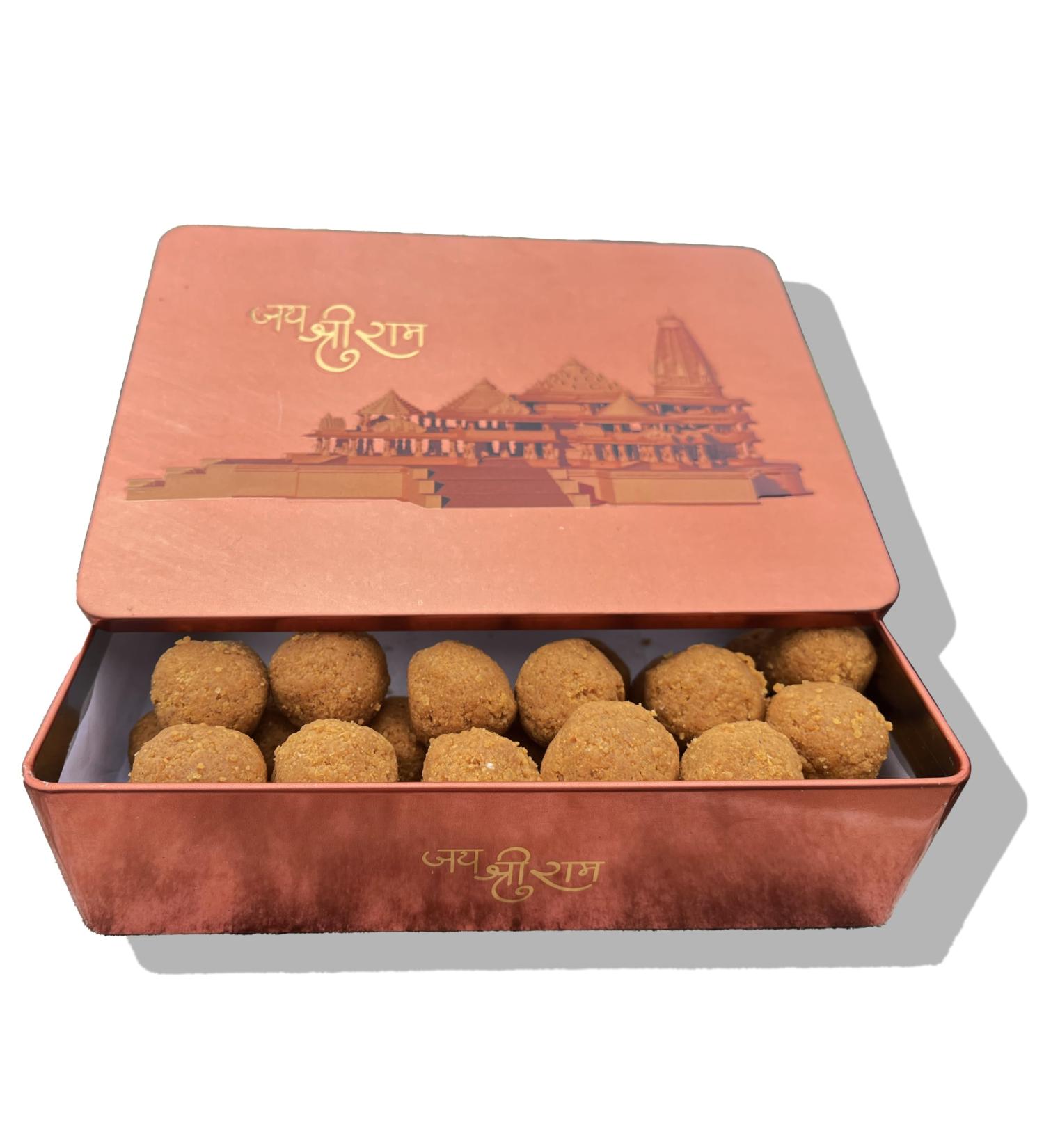 Ayodhya Hanuman Gadi Suddh Desi Ghee ka besan ka laddu Prashad 1Kg Pack in Copper Gift Box | Ayodhya Prashadam | Hanuman Gadi Prashdam | Made In ayodhya | with Ram Janambhumi gold platetd Divine Coin - Buy Online on GoSupps.com
