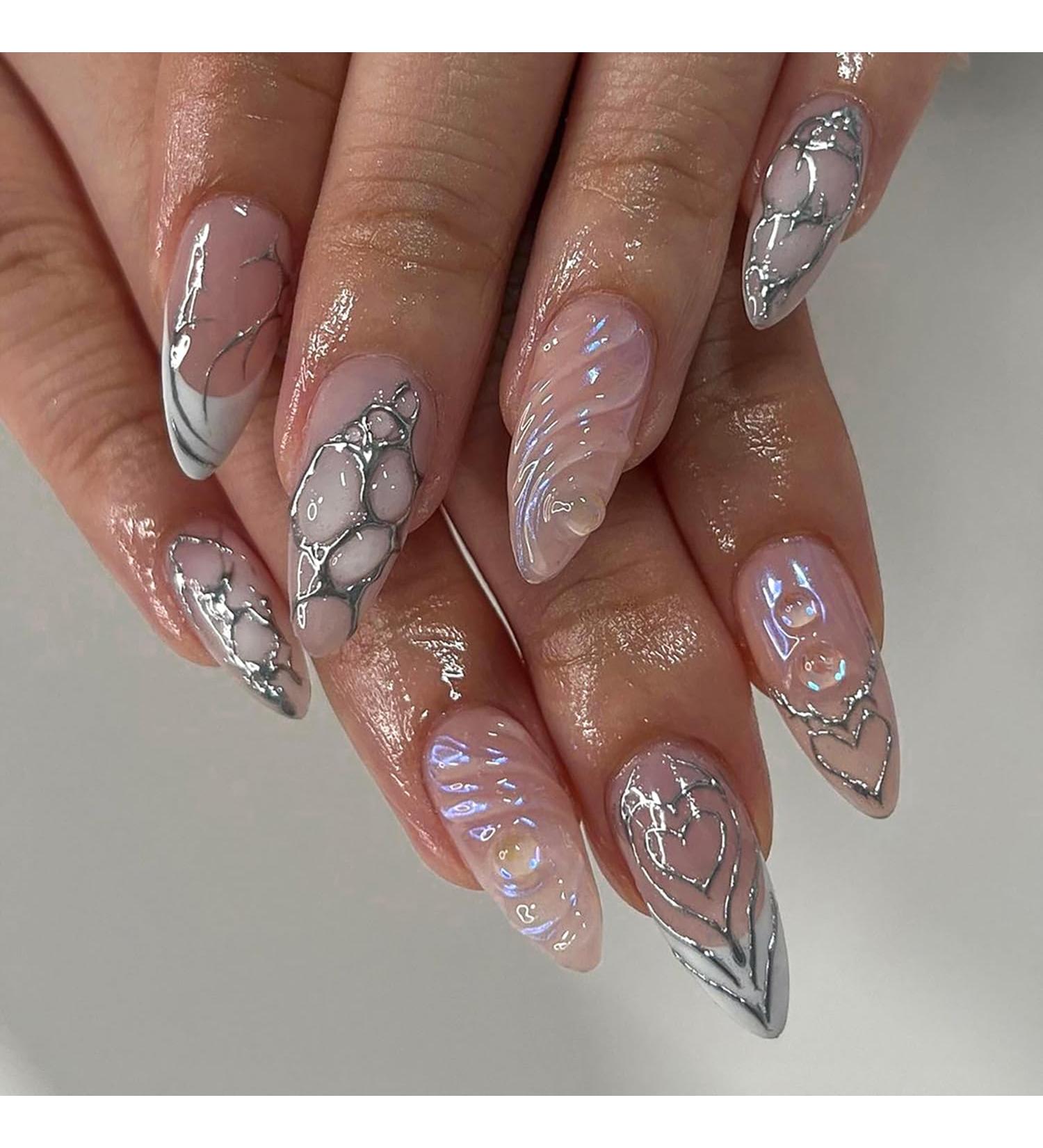 24 Pcs Medium Almond Press-On Nails - Nude & Glitter Full Cover Fake Nails | Glossy 5D Acrylic French Nails for Women & Girls - Buy Online on GoSupps.com