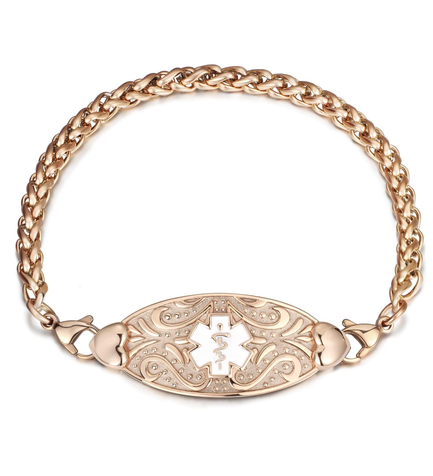 Personalized MunsteryAid Women's Medical Alert ID Bracelet - Custom Emergency Jewelry 6.0-8.5 Inches Rose Gold with White Symbol - Buy Online on GoSupps.com