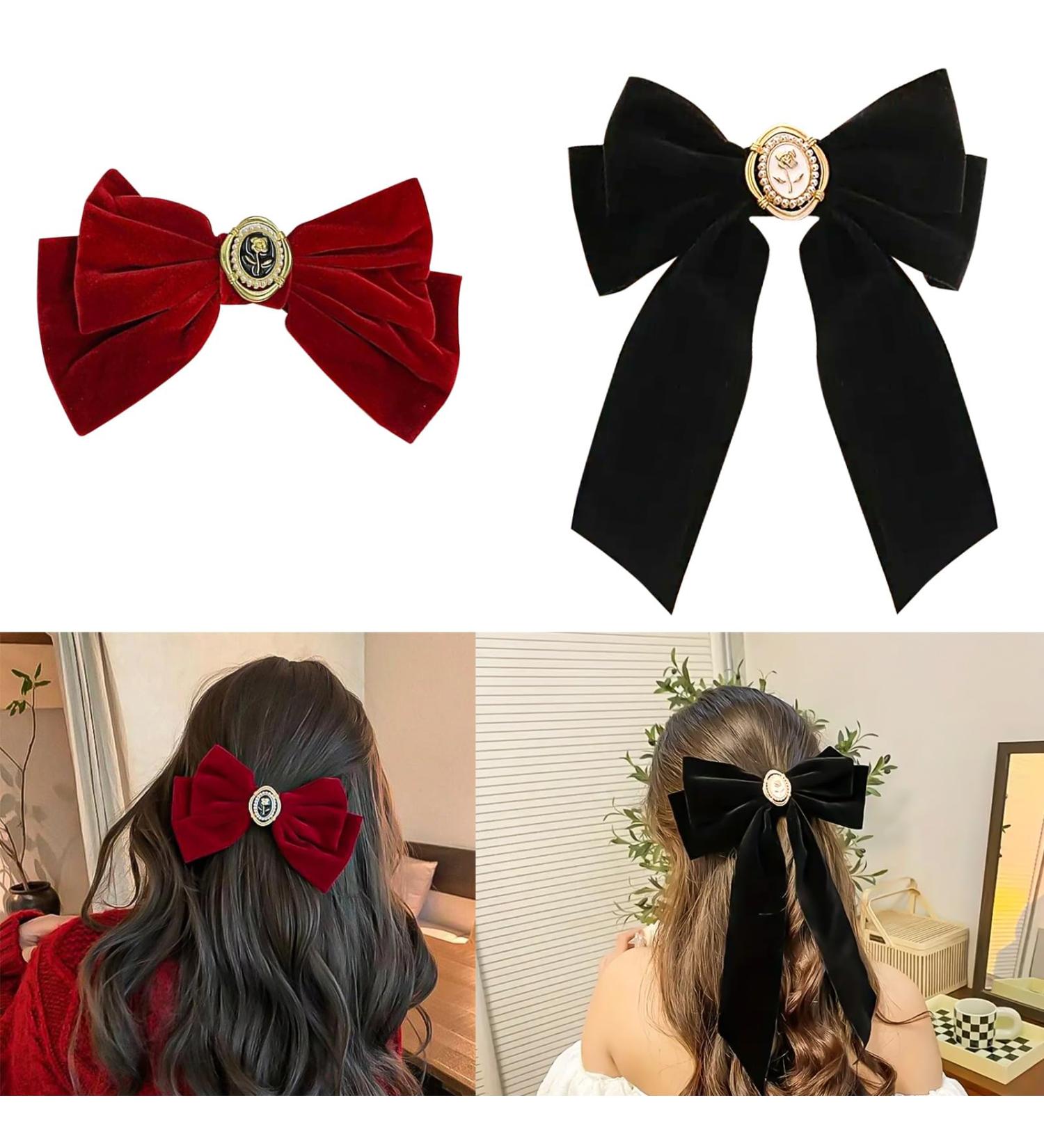 HairBarrettes-Black-red-velvet Luxury Velvet Hair Bow Clip for Thick or Curly Long Hair - Premium Hair Accessories - Buy Online on GoSupps.com