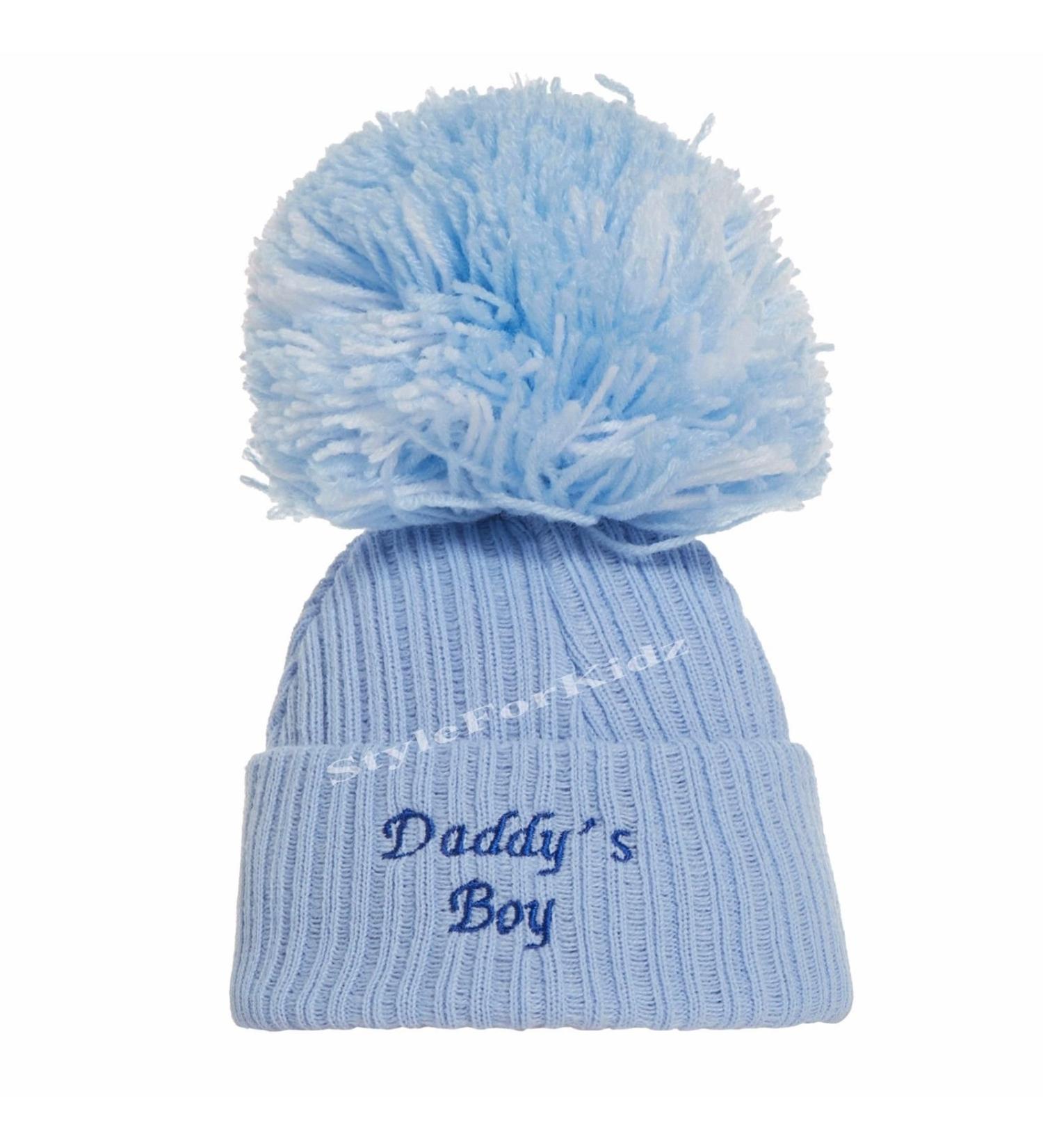 Soho Fashions Luxury British Made Baby Boy Mummys Boy Daddys Boy Cute Decorative Frilly Knitted Pom Pom Newborn Baby Hats S Daddys Boy (Full Blue)