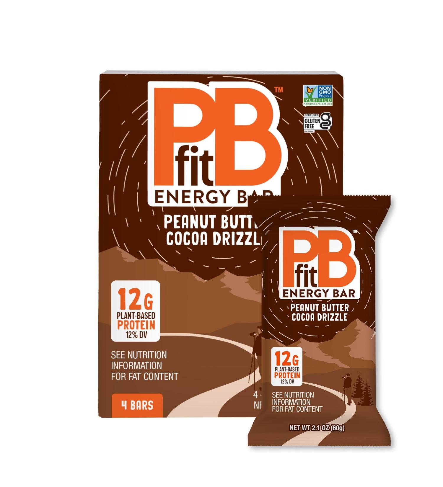 PBfit Peanut Butter Cocoa Drizzle Energy Bars 12g Protein 5g Fiber Gluten Free Vegan Plant-Based Non-GMO 2.1 Oz (Pack of 4) - Buy Online on GoSupps.com