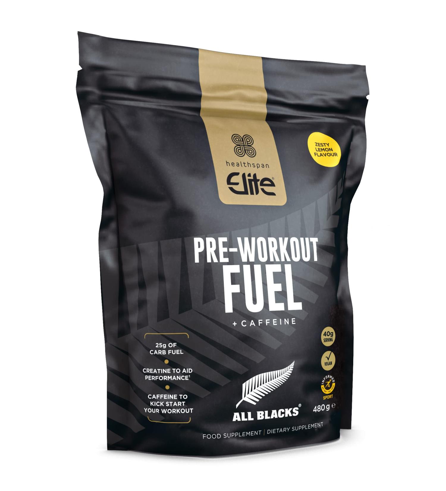 Healthspan Elite All Blacks Pre-Workout Fuel (480g) - Energizing Vegan Formula with Caffeine, Creatine, and Carbohydrates - Zesty Lemon Flavor - Buy Online on GoSupps.com
