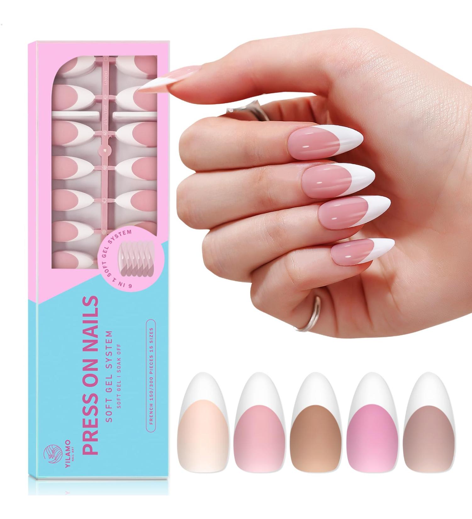 French Tip Press On Nails Gel - Medium Long Almond Square - 300 Pcs - 15 Sizes - Perfect for DIY Nail Art Gifts - Five Colors Available - Buy Online on GoSupps.com