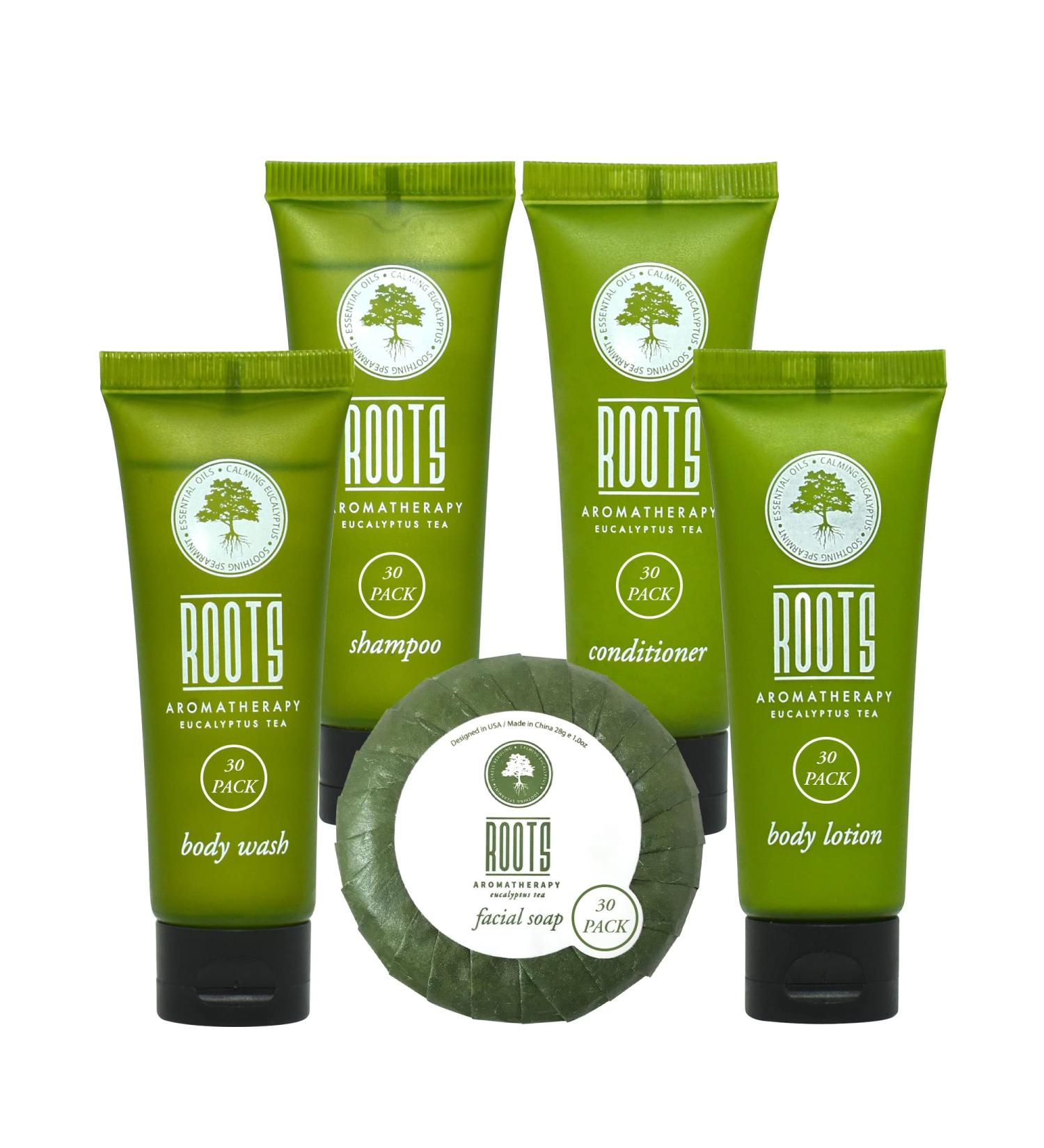 Roots Aromatherapy Eucalyptus Tea Hotel Soaps and Toiletries Tubes Bulk Set | Shampoo & Conditioner Body Wash Body Lotion & Bar Soap Travel Size | 150 Pieces