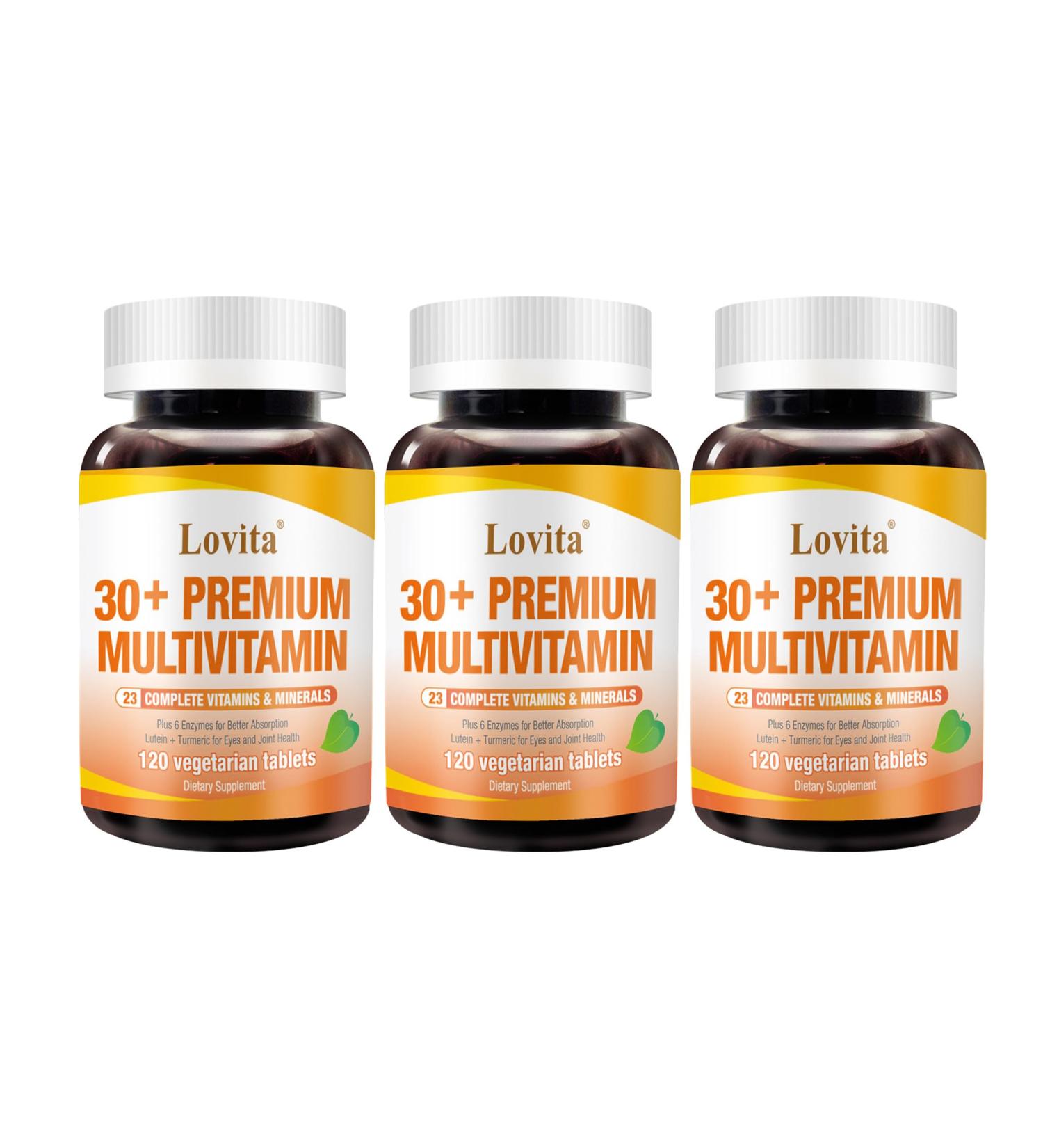 Lovita Premium Multivitamin for Adults 30+ with Enzymes Turmeric & Comprehensive Nutrient Support - 120 Vegetarian Tablets (Pack of 3) 360 Count (Pack of 1) Classic Packaging - Buy Online on GoSupps.com