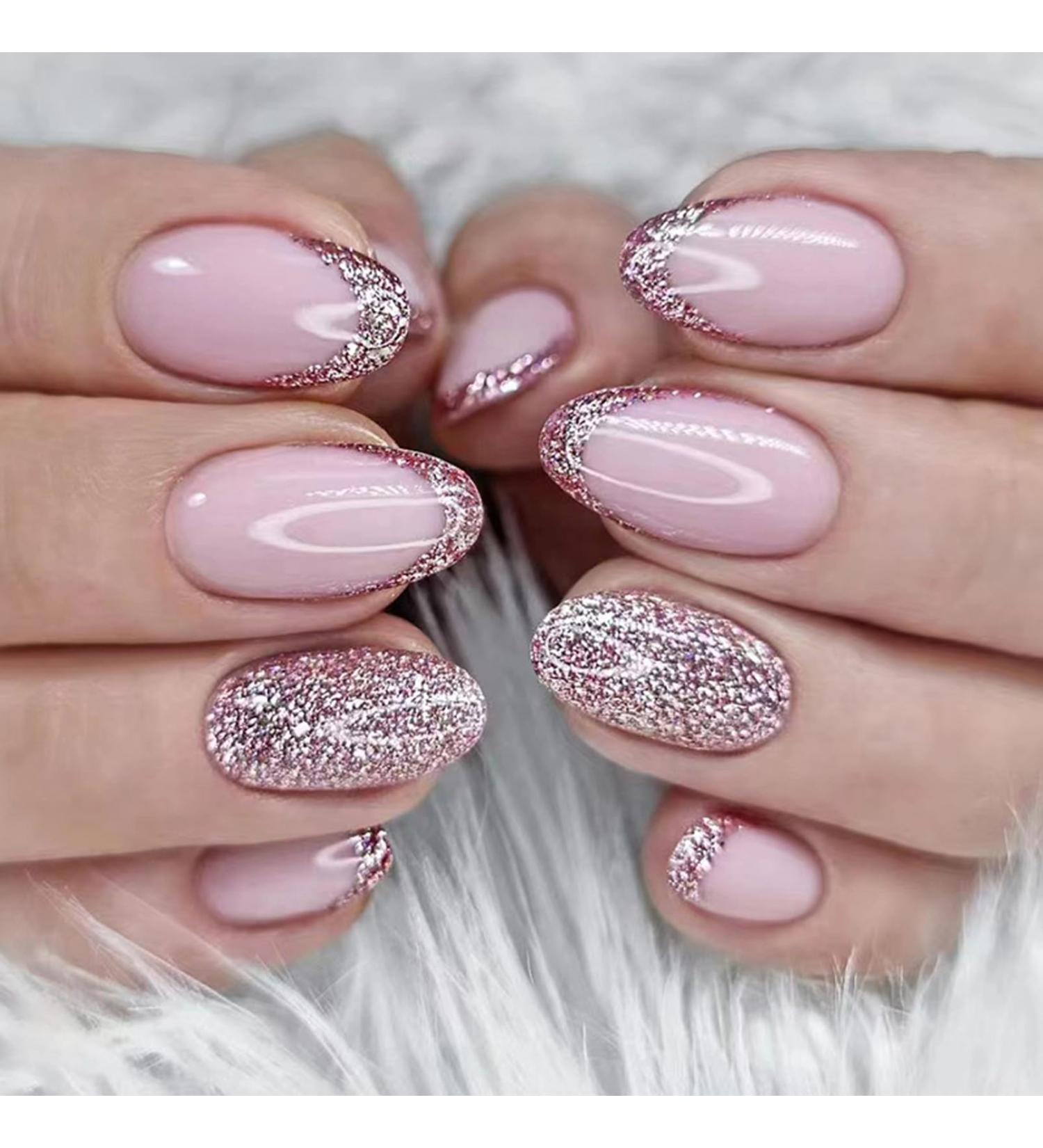 Almond Fake Nails Long 24Pcs Glitter French False Nails Pink Glitter Press on Nails Full Cover Stick on Nails with Nail Glue Oval French Nail Tips for Women Girls Nails Art French Pink Glitter - Buy Online on GoSupps.com