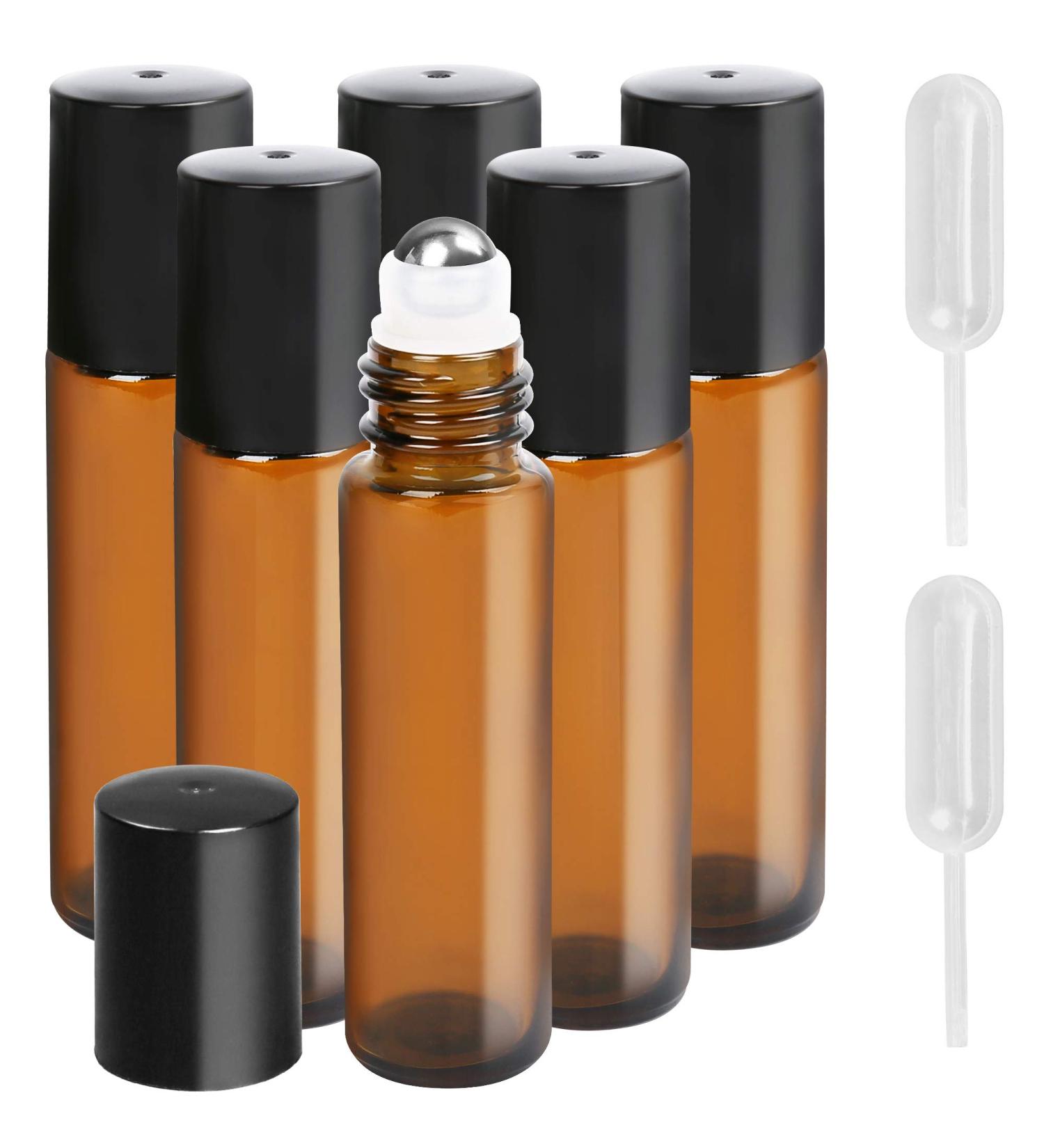 LotFancy 6pc 10ml Amber Glass Roller Bottles with Stainless Steel Roller Balls & Droppers - Buy Online on GoSupps.com
