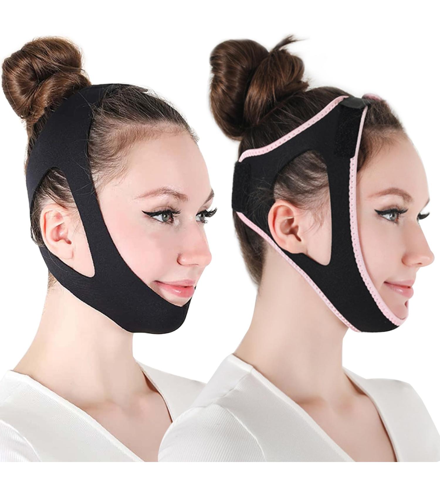 V Line Face Lift Strap & Lifting Mask for Women - Facial Loss Belt in Black & Pink - 2 Piece Set for Ideal Jawline Contour - Buy Online on GoSupps.com