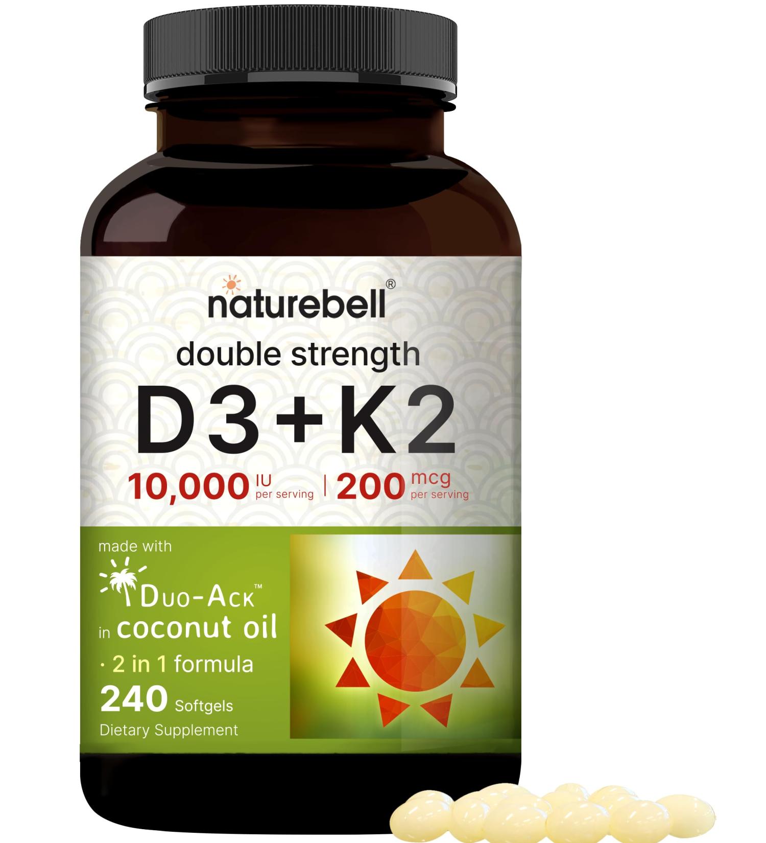 NatureBell Vitamin Double Strength D3 + K2-240 Softgels - 10 000 IU Vitamin D & 200mcg K2 - Bone Strength Immune Function & Calcium Absorption Support* - Coconut Oil Infused - Buy Online on GoSupps.com