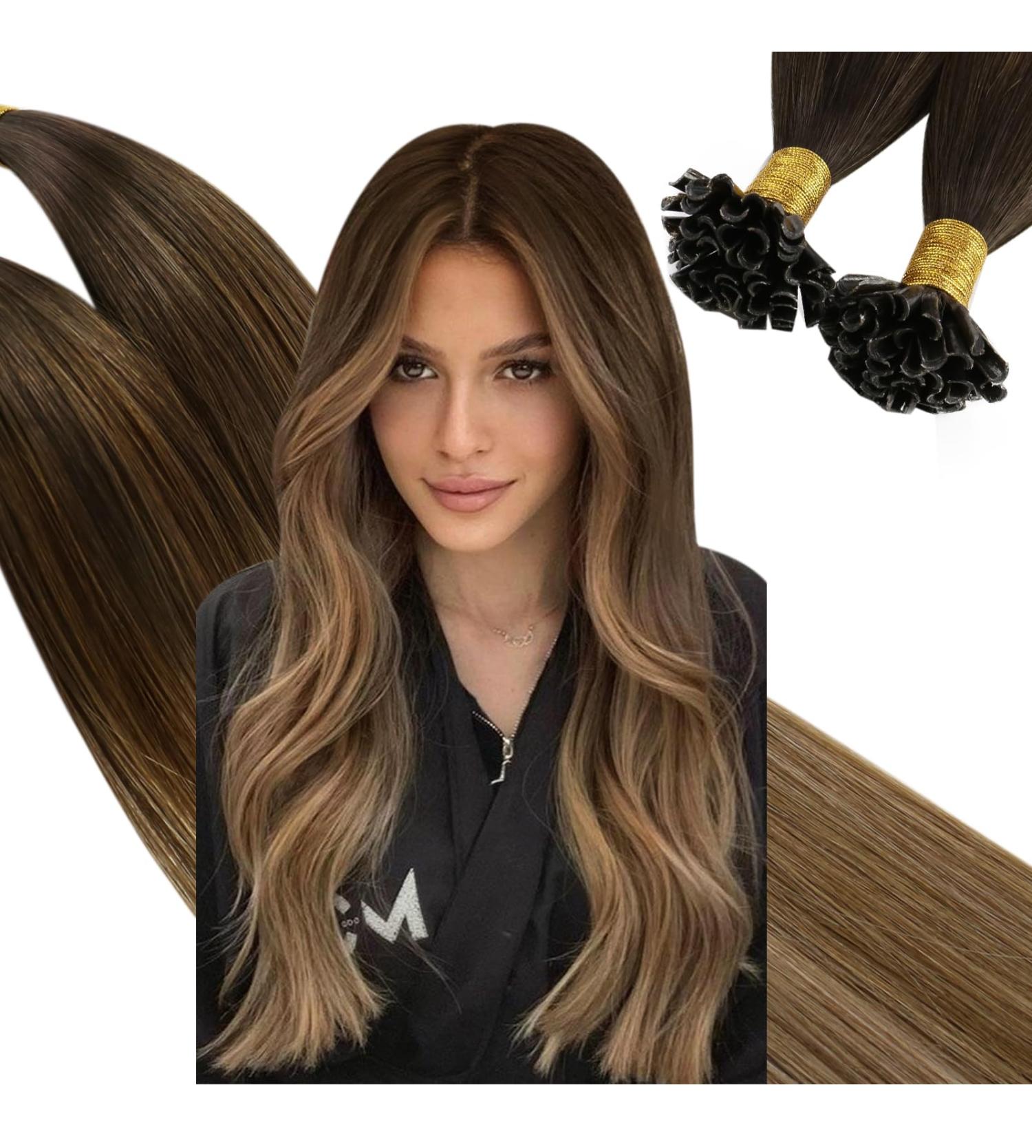 UGEAT SONNGING Balayage U Tip Extensions - Chocolate Brown to Ash Blonde & Golden Brown 22 Inches 55 cm 50 Grams Real Hair Bonding - Perfect for Volume & Length - Buy Online on GoSupps.com