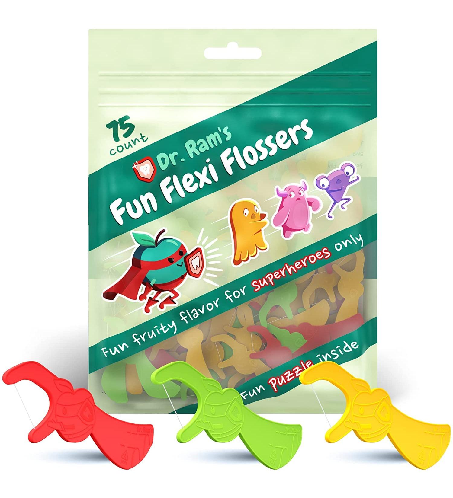 Dr. Ram's Kids Flossers 75-Pack - Fun Flexi Flossers with Gum-Friendly Design and Educational Puzzle - Light Citrus Fruit Scent for Kids - Buy Online on GoSupps.com
