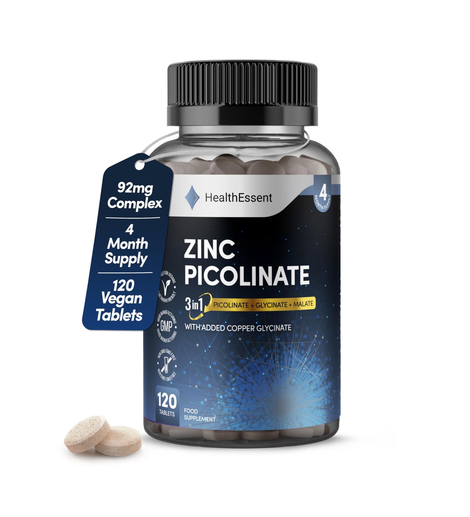 Zinc Picolinate 3-in-1 High Strength 92mg - Zinc Picolate Glycinate and Malate with Added Copper Glycinate - Immune Support Hair Skin & Nails - (4 Month Supply) - 120 Tablets by HealthEssent - Buy Online on GoSupps.com