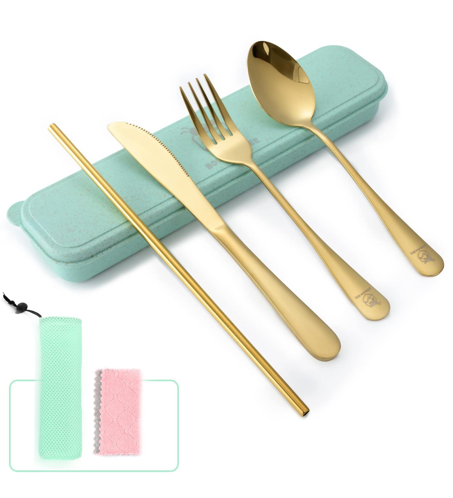Boulder Bee Camping Utensil Set - Stainless Steel Flatware for Outdoor Picnics - Travel Silverware Set with Case - Includes Knife, Fork, Spoon, Straw, Cleaning Cloth - Gold - Buy Online on GoSupps.com