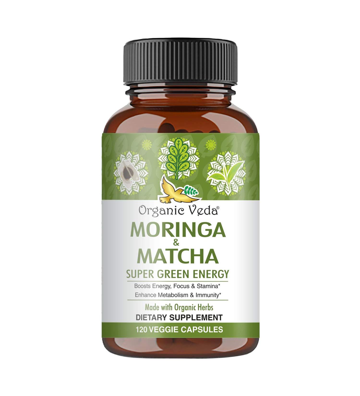 Organic Veda Moringa & Matcha Green Tea Vitamins - 120 Veggie Capsules for Energy Boost, Focus, Stamina, Metabolism & Immune Support - Buy Online on GoSupps.com