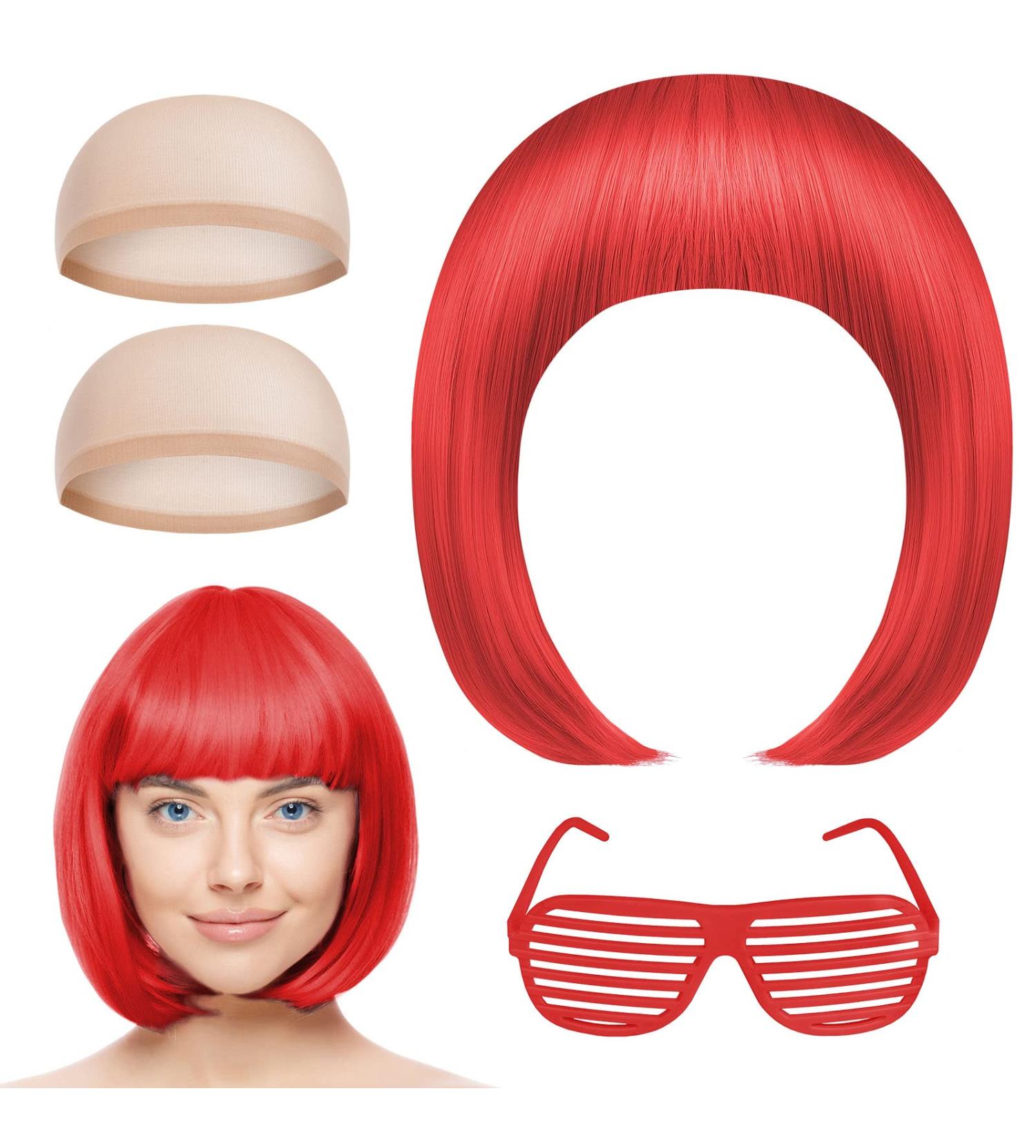 AOMIG Short Bob Wig for Women 4 Pack Short Red Bob Wigs Set with Sunglass and Wig Cap Neon Fancy Dress Accessory Cosplay Party Wig with Bangs Synthetic Straight Wig for Daily Halloween Decorations - Buy Online on GoSupps.com