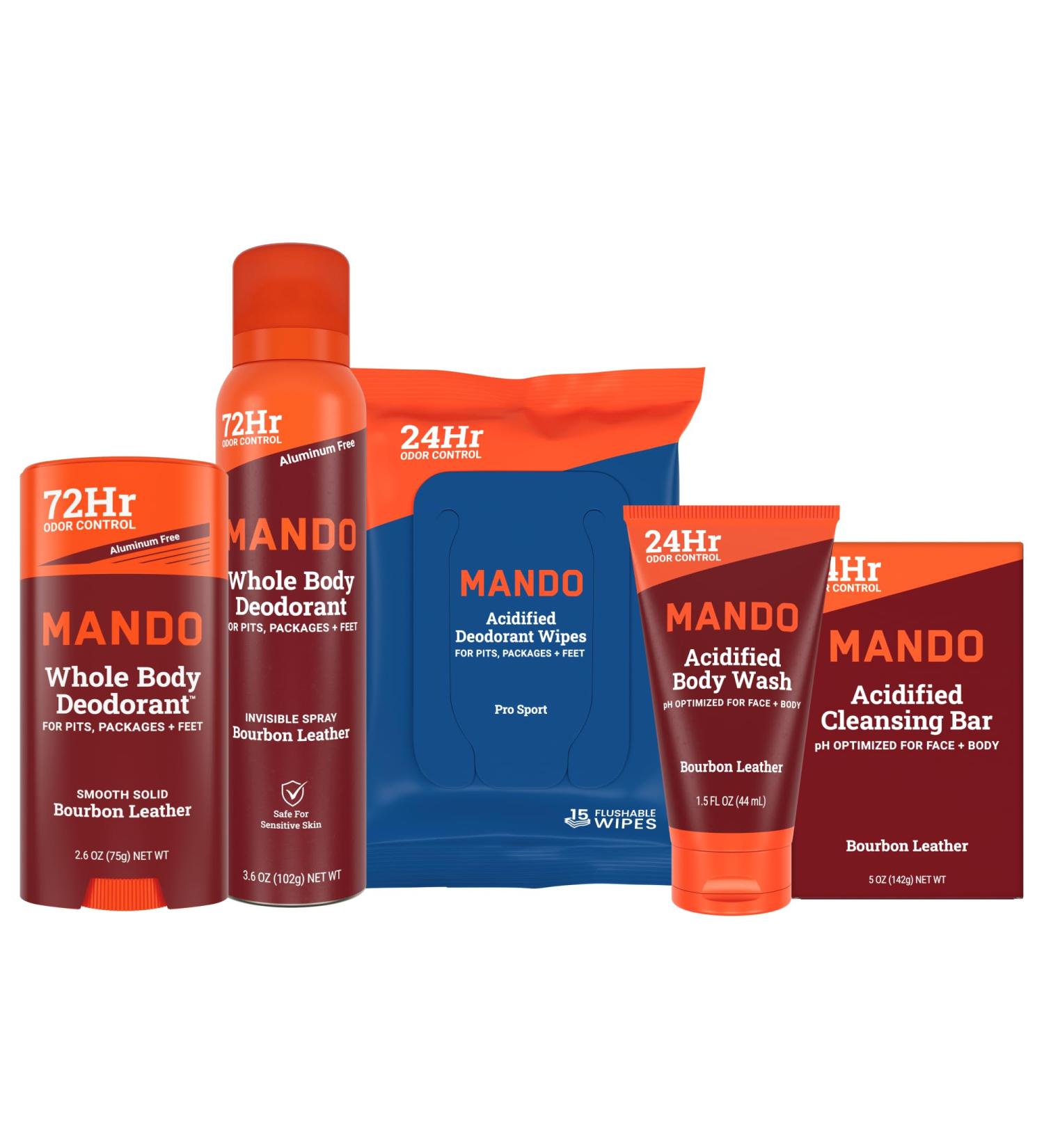 Mando Whole Body Starter Kit - 2.6oz Solid Stick 3.6oz Spray 1.5oz Acidified Body Wash 5oz Acidified Cleansing Bar 15ct Deodorant Wipes - Aluminum Free Odor Control - 5 pc Bundle (Bourbon Leather) - Buy Online on GoSupps.com
