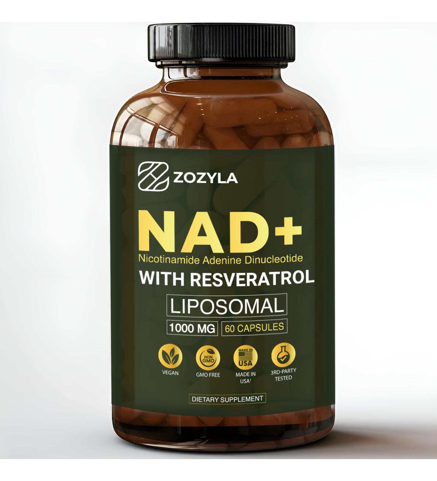 ZOZYLA Liposomal NAD+ Supplement with Resveratrol 1000mg per Serving 60 Capsules High Absorption Non-GMO GMP Certified & Inspected Lab Tested Made in USA