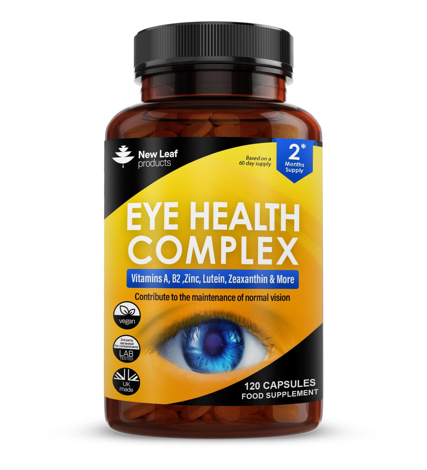 Lutein and Zeaxanthin Supplement for Eye Health with Vitamin A, B2 & Zinc - Made in the UK by New Leaf - Buy Online on GoSupps.com
