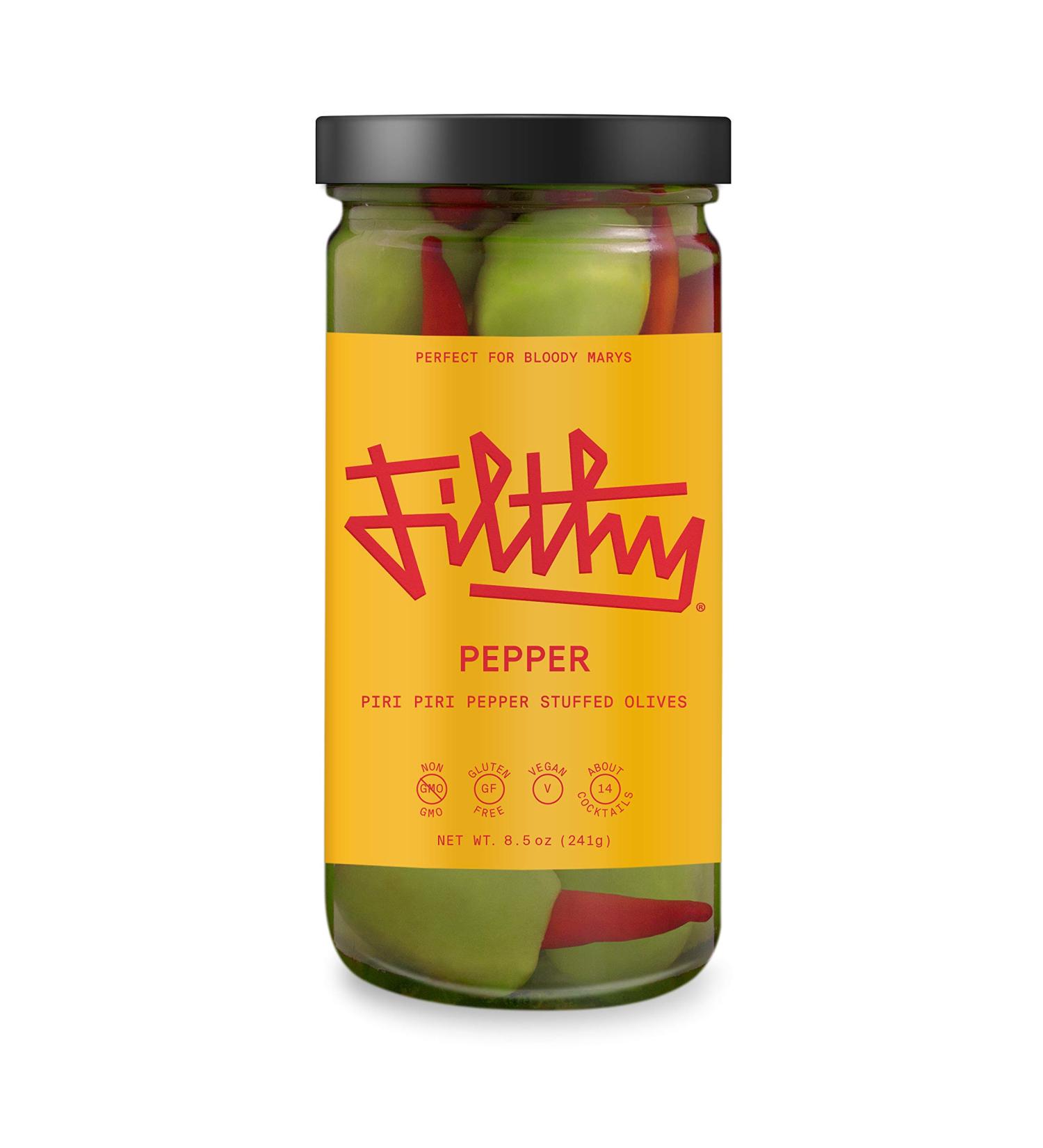 Filthy Pepper Stuffed Olives - Premium Cocktail Garnish | Non-GMO, Vegan & Gluten-Free - 8.5oz Jar - Buy Online on GoSupps.com