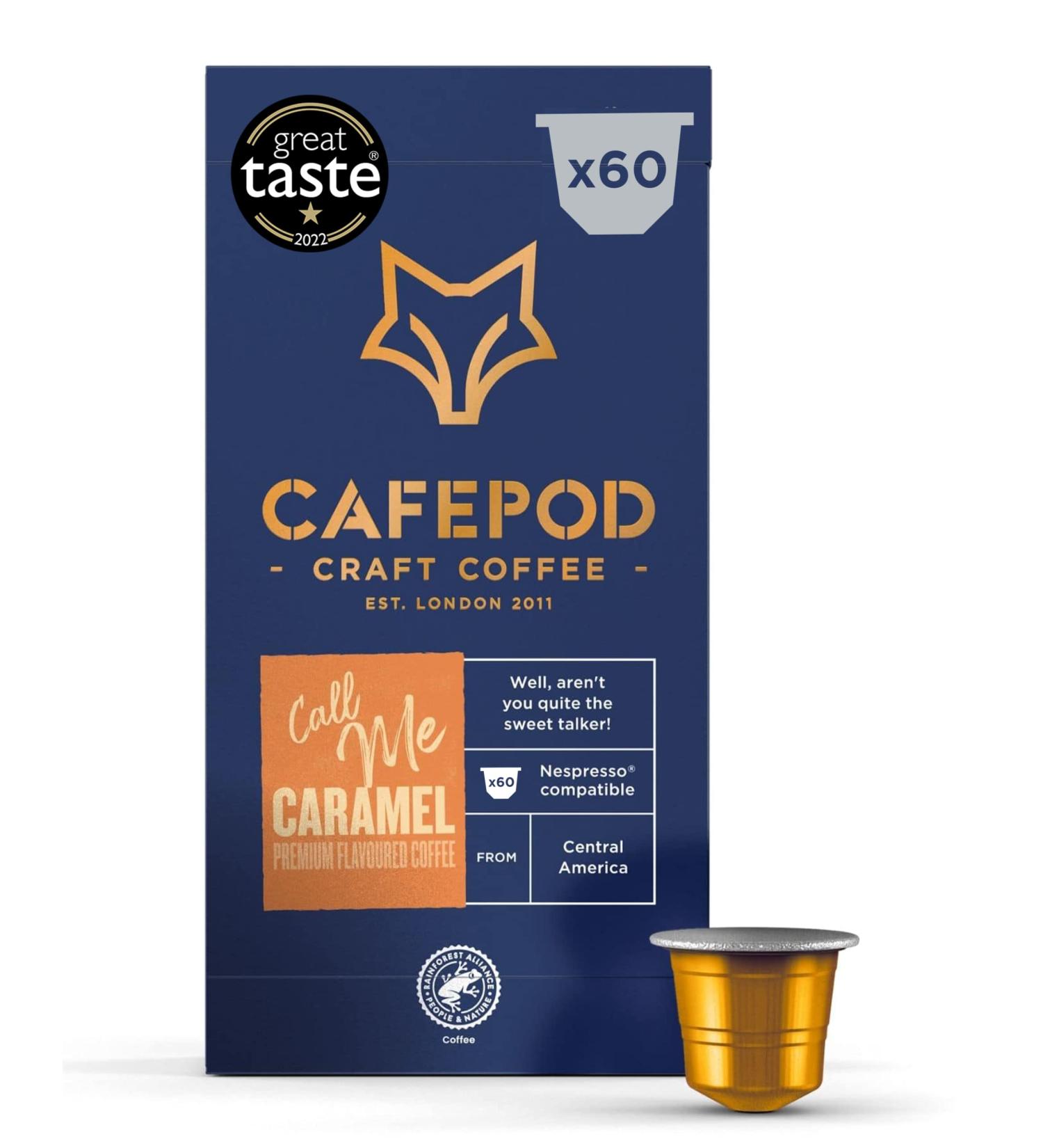 CafePod Caramel Flavoured Coffee Pods 60ct - Nespresso Compatible Aluminium Capsules - Buy Online on GoSupps.com