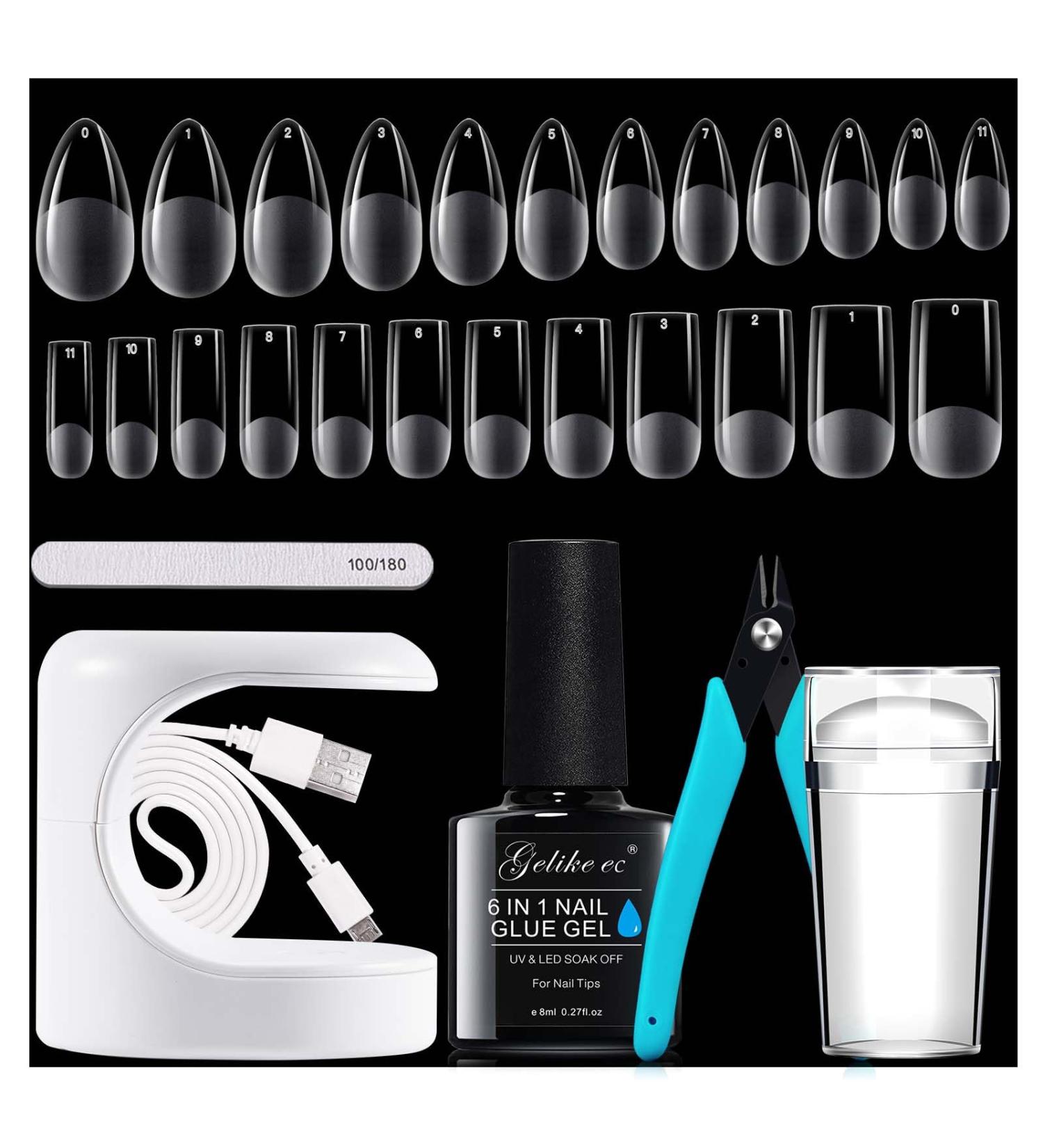 Gelike EC Nail Tips & Glue Kit | 240pcs Gel Extensions Mini Lamp French Nail Stamp - Perfect for Almond & Square Nails - Buy Online on GoSupps.com