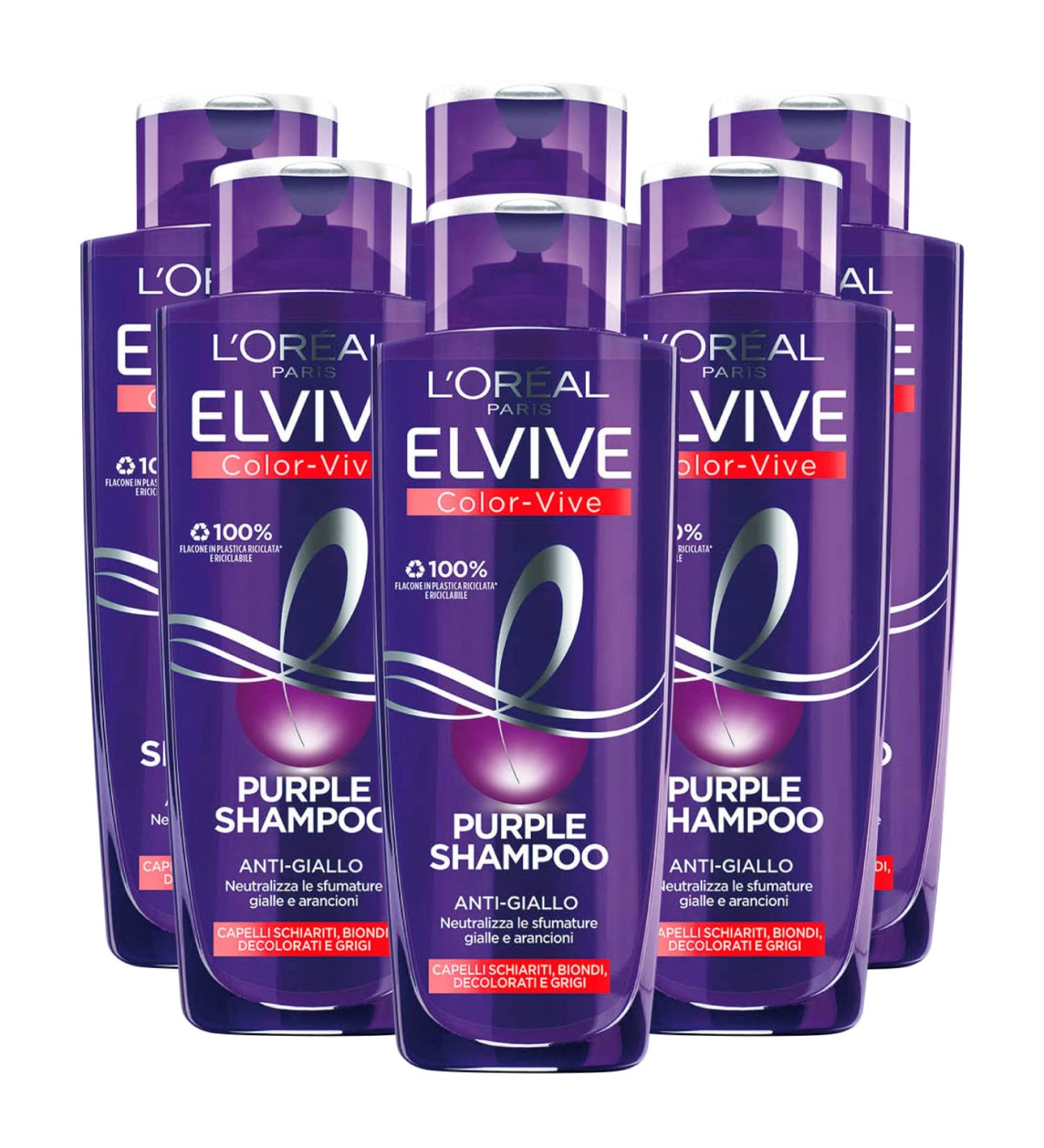  L'Oreal Paris L'Or al Paris Elvive Color Vive Purple Anti-Yellow Shampoo for bleached blonde and gray hair. Neutralizes yellow and orange tones 6 shampoos of 200 ml each - Buy Online on GoSupps.com