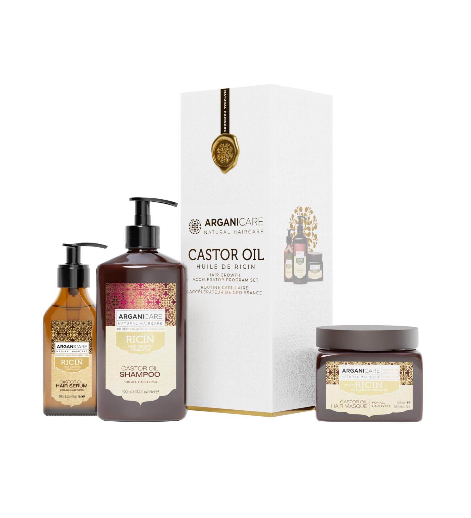 ARGANICARE | Shampoo + Mask + Castor Serum | Growth Accelerator | Soothes Scalp | Nourishes and Strengthens Scalp | Strong and Shiny Hair | 400ML + 500ML + 100ML