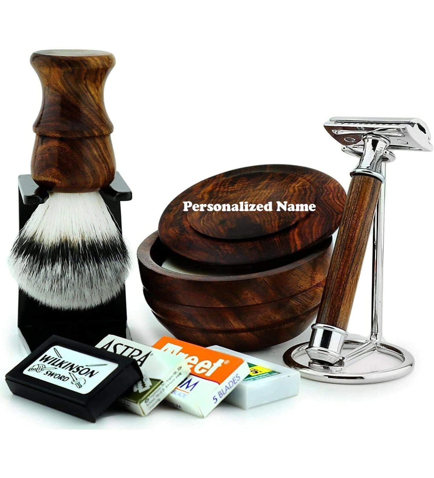 Personalized Wooden Razor Set for Men - Custom Engraved Shaving Razor & Brush Stand - Buy Online on GoSupps.com