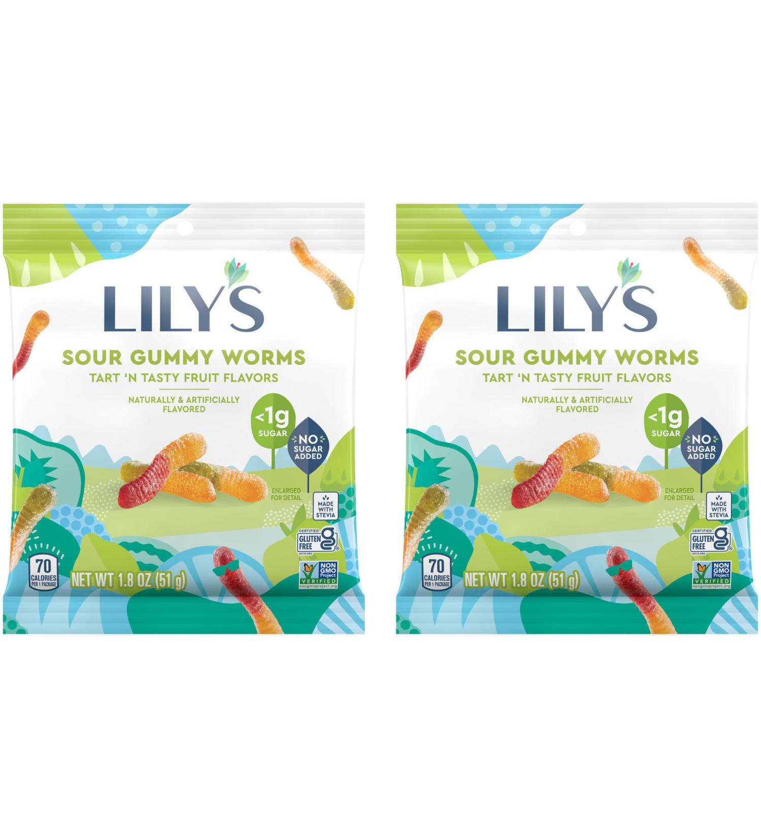 Lily's Assorted Fruit Flavored No Sugar Added Sour Gummy Worms Bag 1.8 oz (Pack of 2) Bundle With Snack Scout Lunch Bag - Buy Online on GoSupps.com