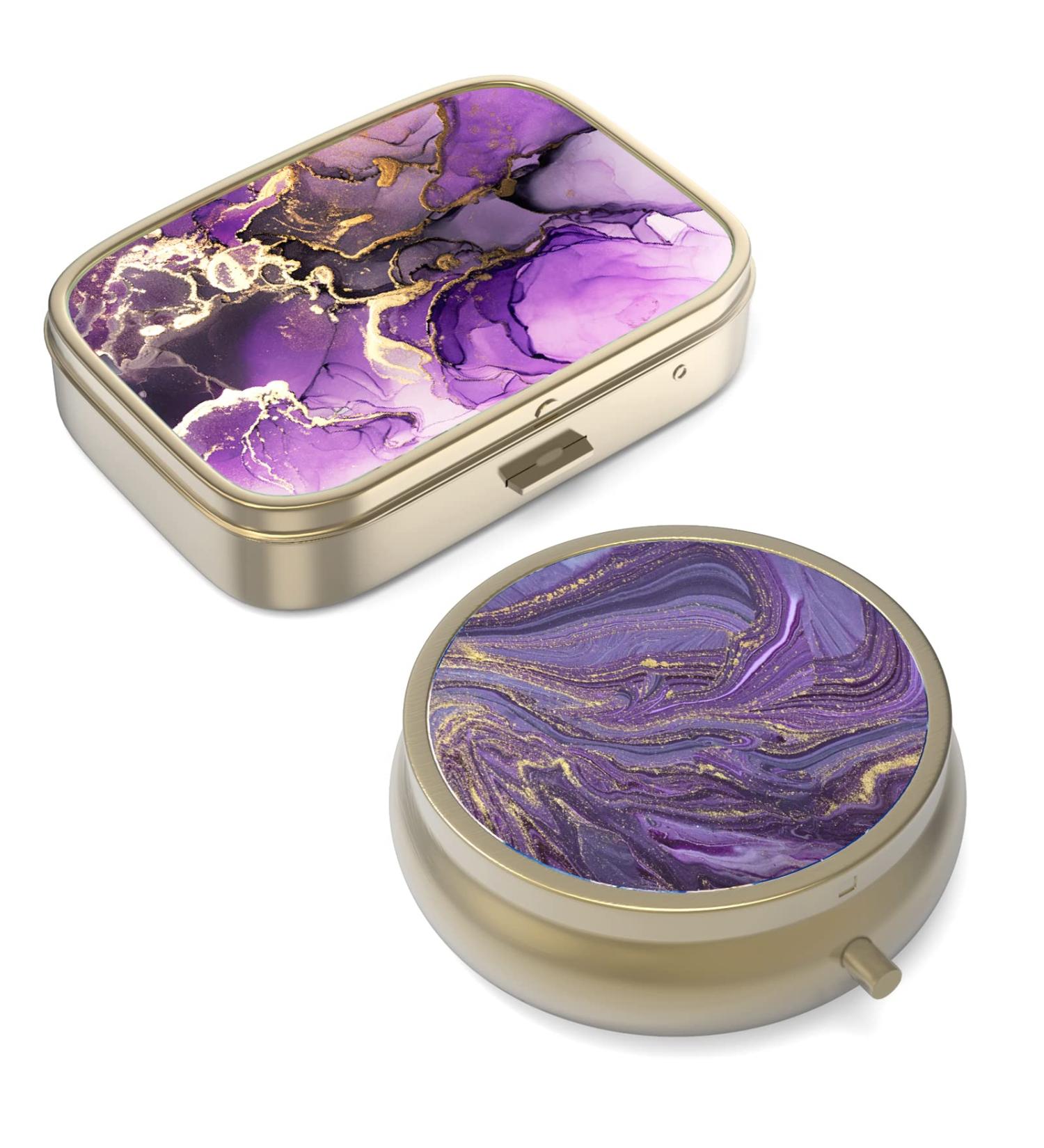 Retro Small Pill Box with Mirror - 2 Piece Purple Gold Marble | Travel Gifts for Vitamins Fish Oil & Supplements - Buy Online on GoSupps.com