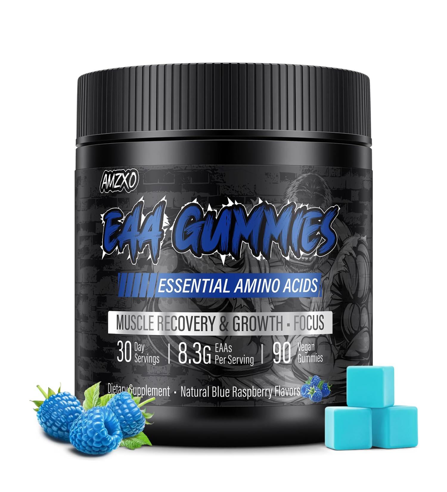EAA Gummies - 2:1:1 BCAA Formula (8300mg) - Essential Amino Acids for Muscle Recovery & Endurance - Non-GMO Gluten Free Sugar Free Vegetarian Blue Raspberry Flavor - 90 Count - Buy Online on GoSupps.com