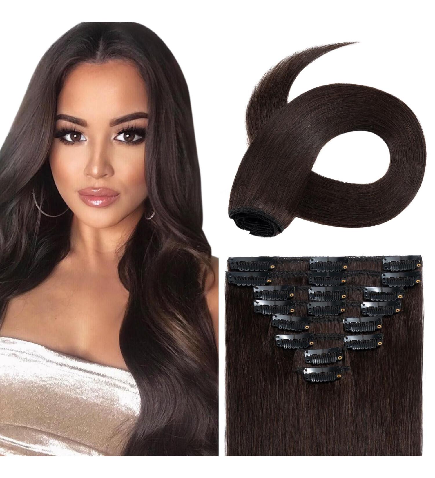 Shop 100% Remy Real Hair Clip-In Extensions - UK Fashion | Dark Brown 50cm 105g - 18 Clips - Buy Online on GoSupps.com