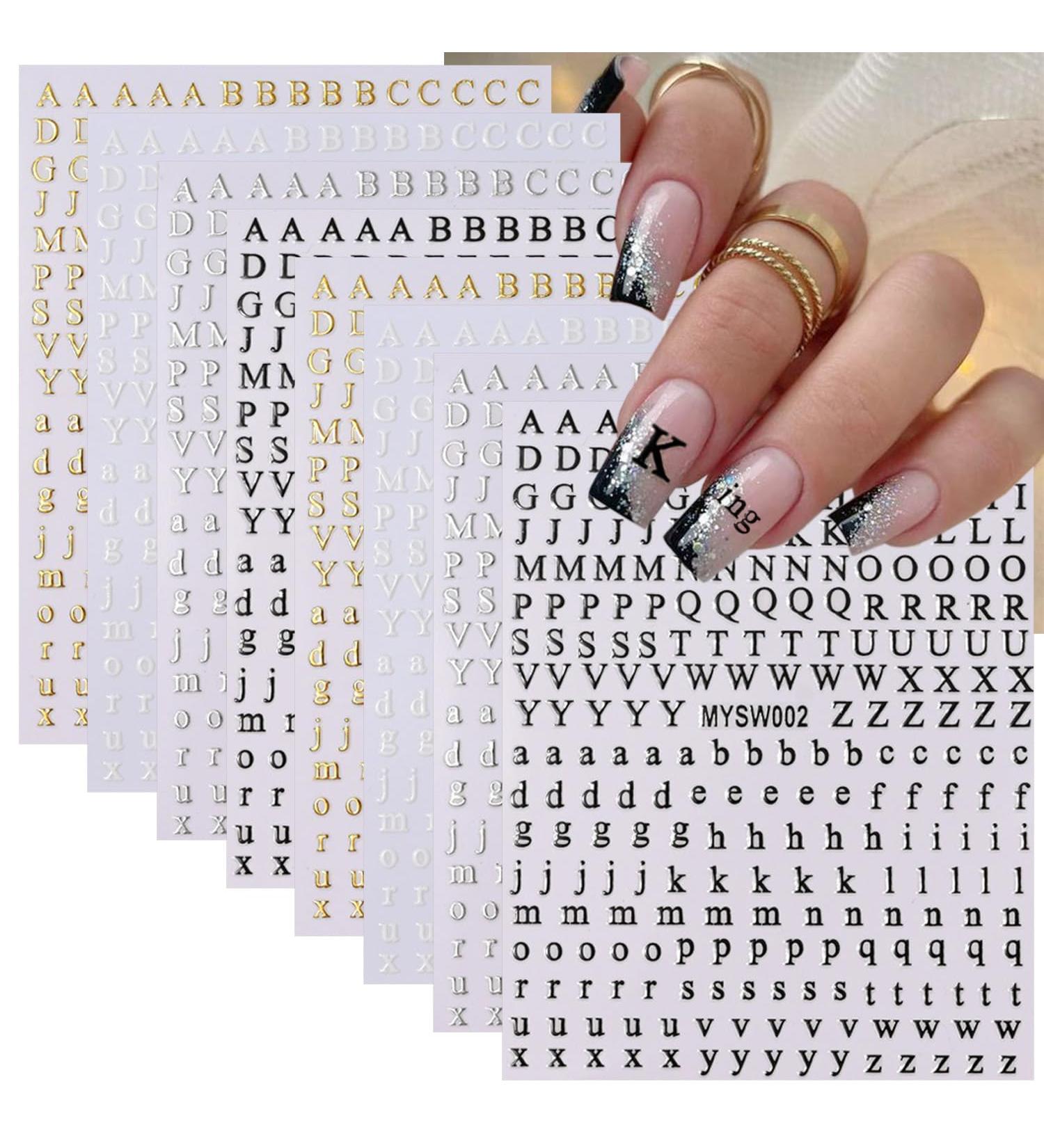 8 Sheets 3D Letter Nail Stickers - Self-Adhesive Alphabet Decals for Nail Art | Black White Gold Silver | DIY Acrylic Nail Decorations for Women & Girls - Buy Online on GoSupps.com