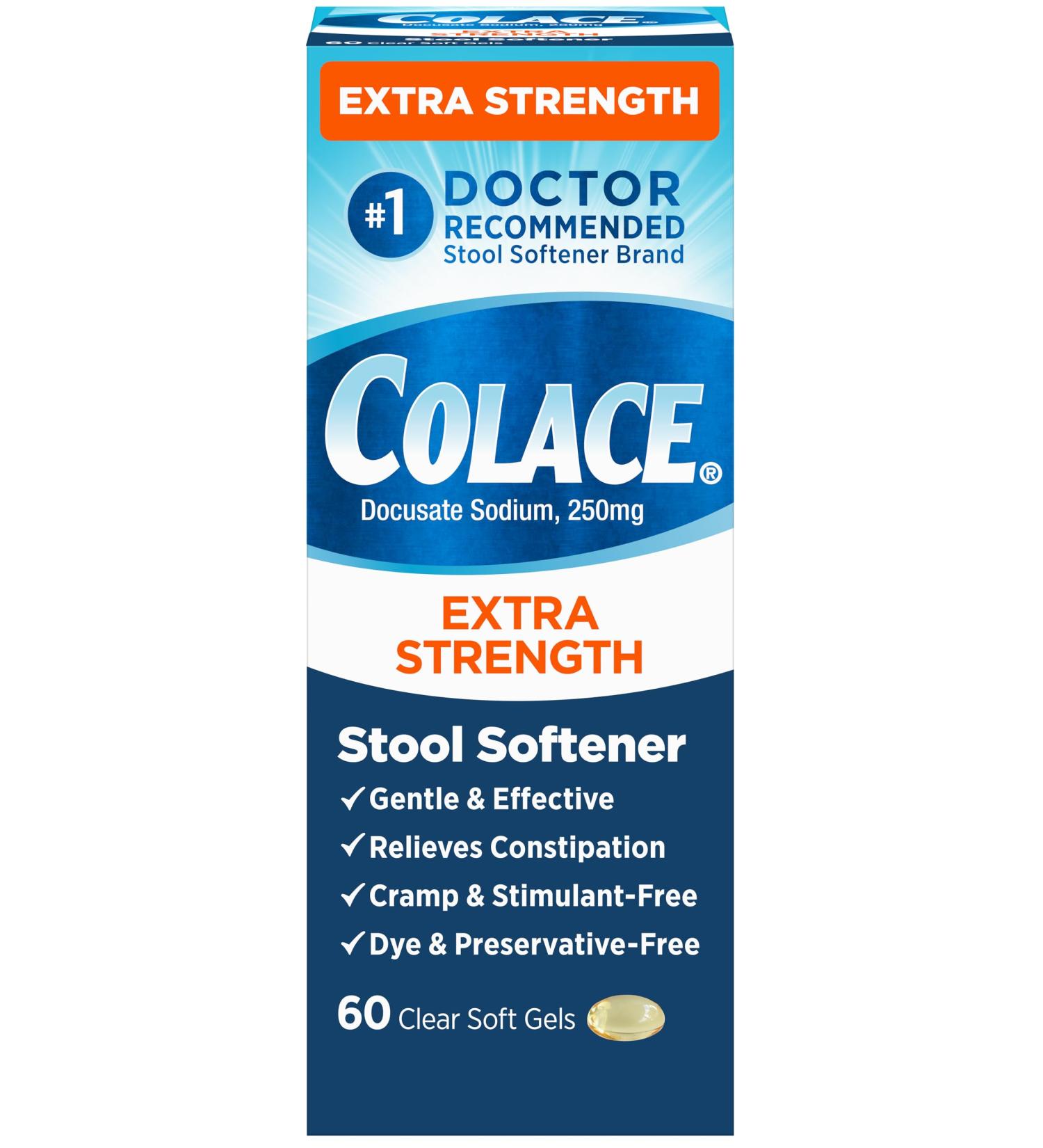 Colace Extra Strength Stool Softener for Gentle Effective Constipation Relief #1 Doctor Recommended Stool Softener Brand 250 mg Docusate Capsules 60 Count (Pack of 1) - Buy Online on GoSupps.com