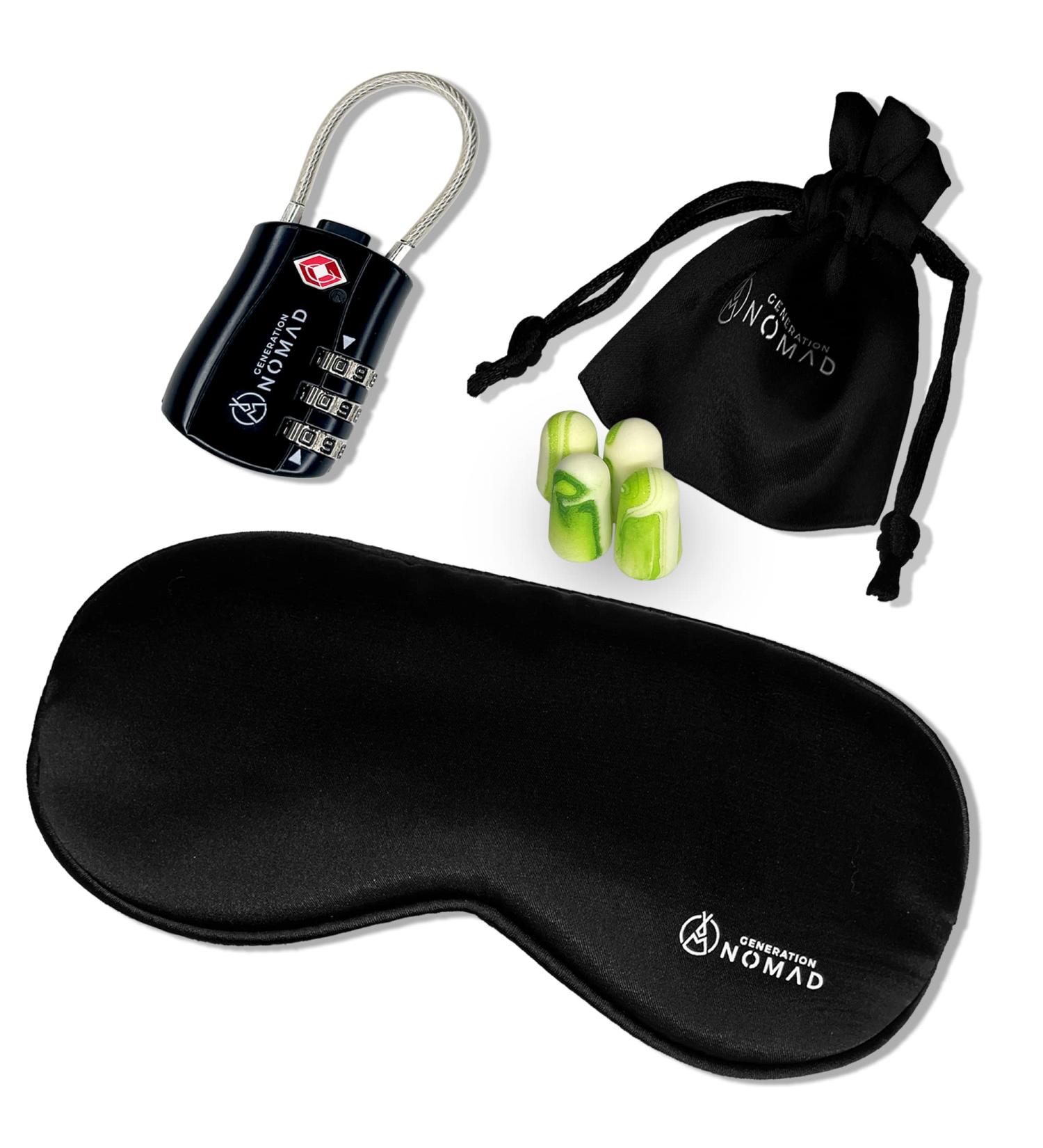 Travel Essentials Set | Silk Satin Eye Mask TSA Approved Cable Lock & Noise Cancelling Earplugs | Travel Sleep Kit Black - Shop Now - Buy Online on GoSupps.com
