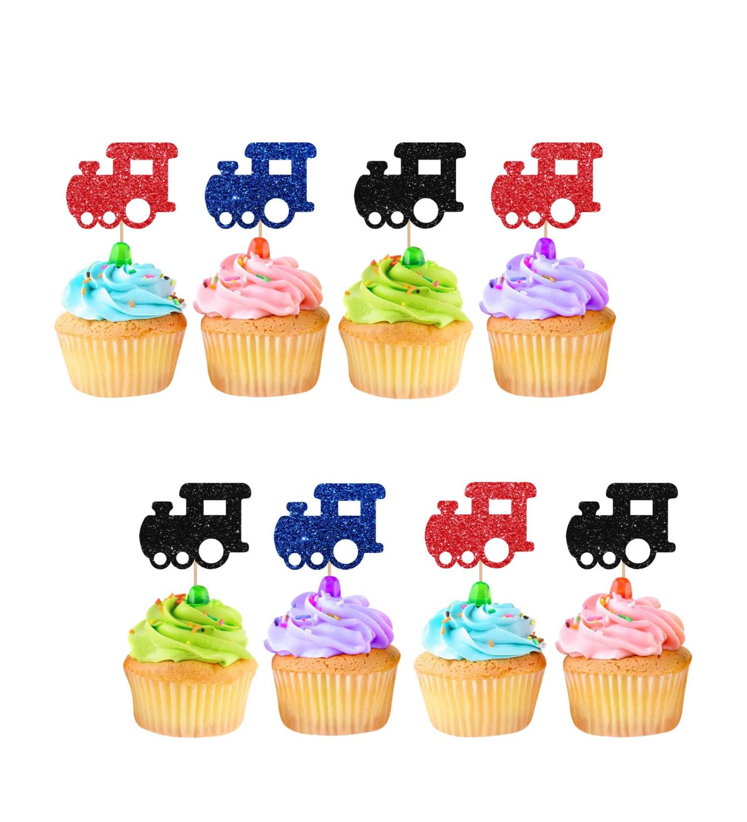 Train Cupcake Toppers Railroad Party Cake Decor Red&Blue Glitter Cake Decorations for Boy's Birthday 1st Birthday/Steam Train Theme Party Supplies - 24pcs - Buy Online on GoSupps.com