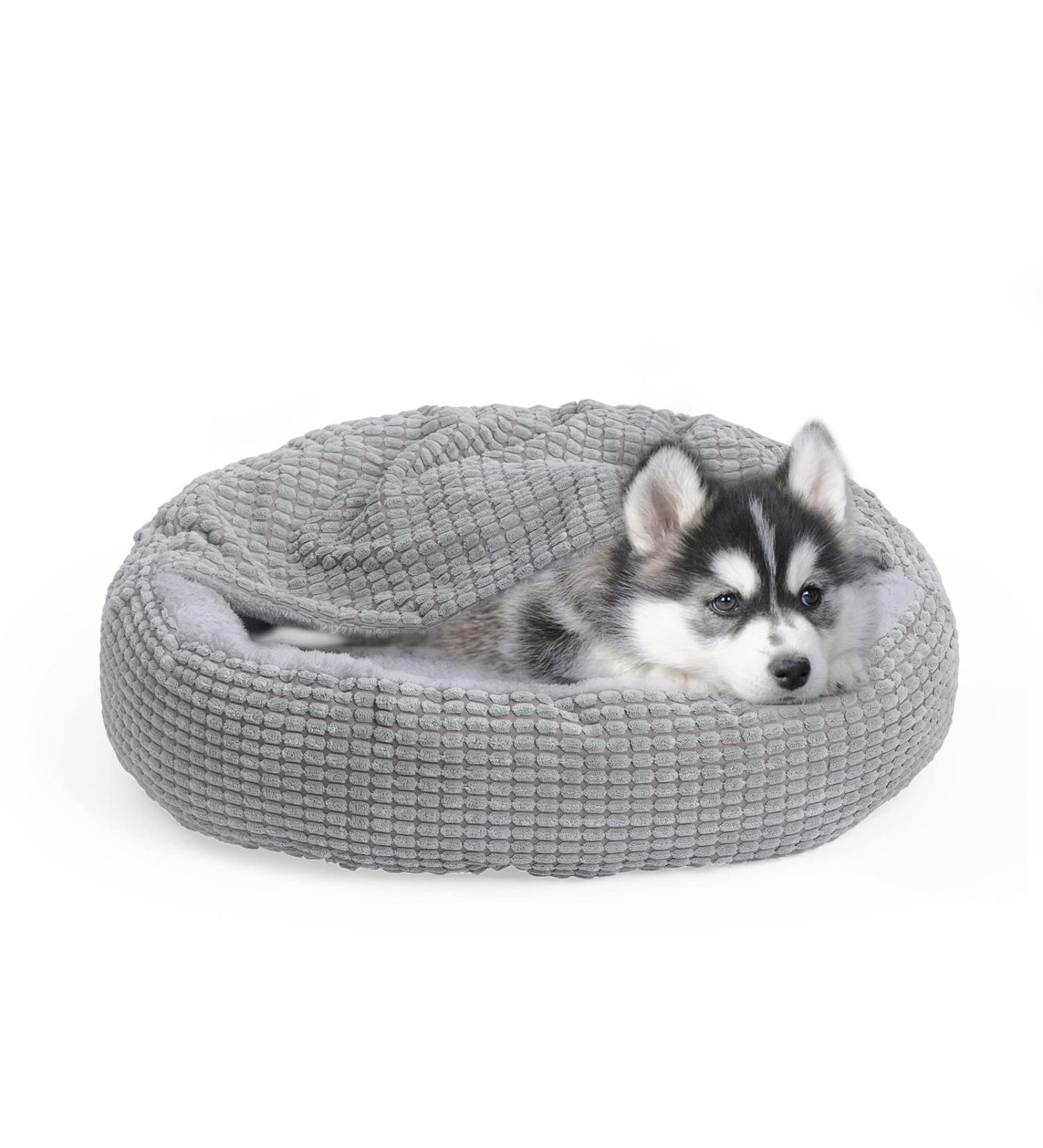 Alalulu Hooded Blanket Small Dog and Cat Bed | Donut Round Calming Pet Cave for Indoor Pets | Anti-Slip, Water/Dirt Resistant Base | Machine Washable | Multiple Colors | 2 Sizes Available | Grey Corn K - Buy Online on GoSupps.com