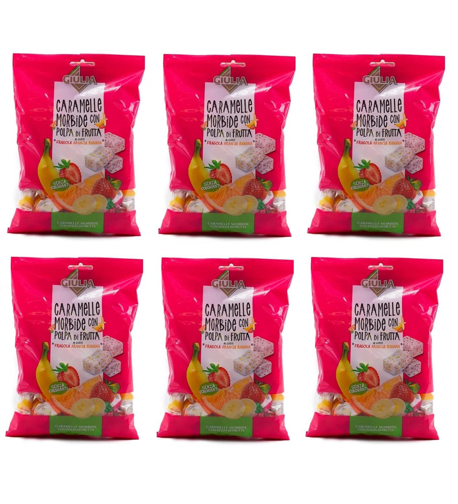 Italian Gourmet E.R. La Giulia Caramelle Morbide con Polpa di Frutta (Giulia Soft Caramel with Fruit Paste) - Pack of 6 soft candies with fruit paste in strawberry orange and banana flavors - 150g