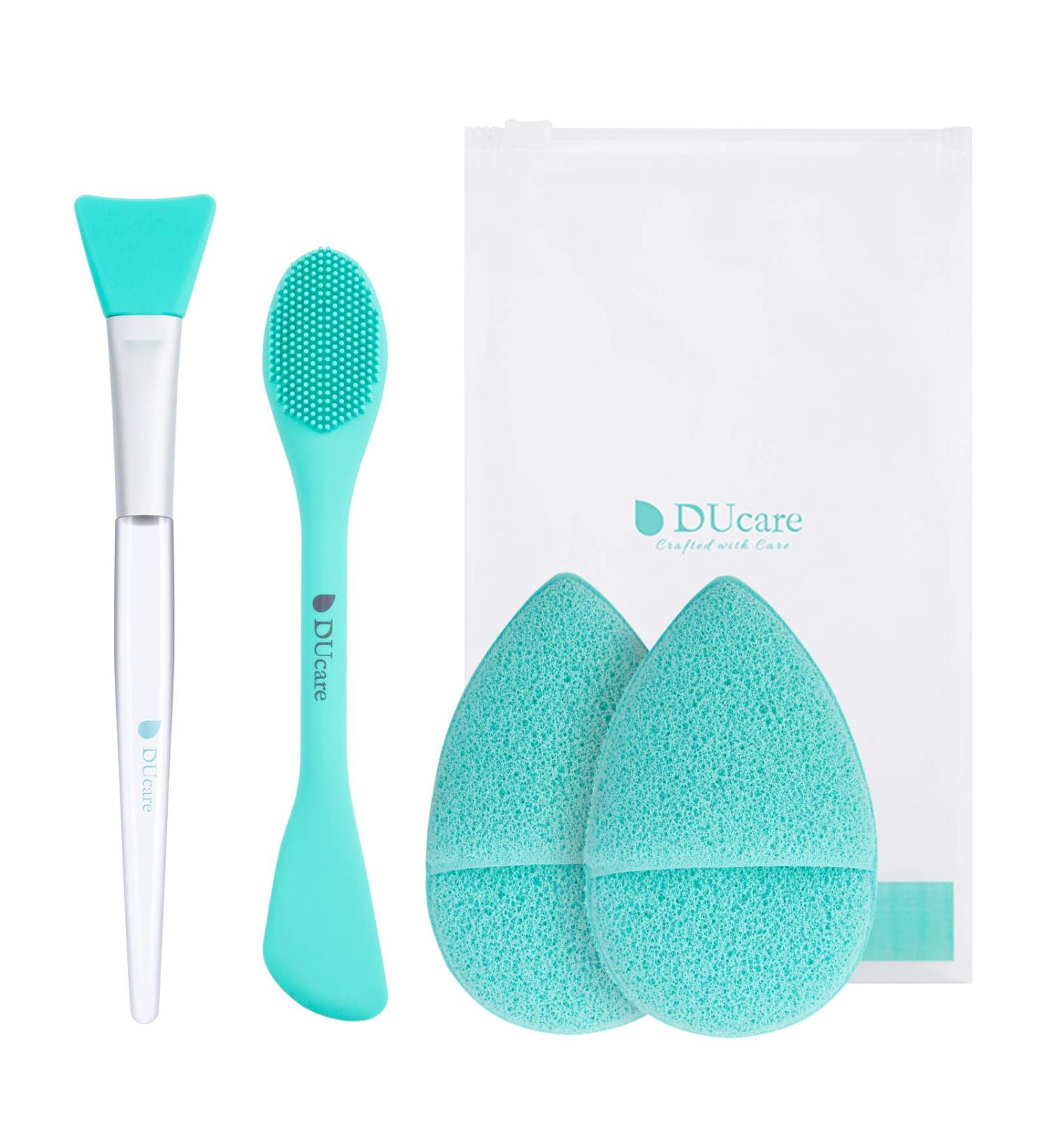Ducare Silicone Face Mask Brush & Facial Cleansing Sponges Set - 4 PCS | Soft Double-Ended Brush for Mud, Clay, DIY Green - Beauty Essential - Buy Online on GoSupps.com