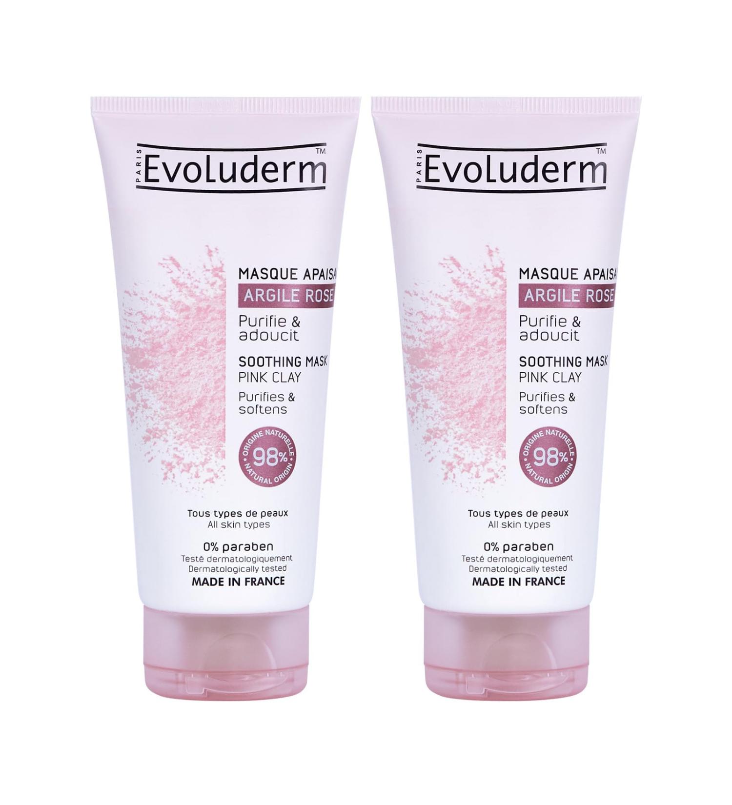 Evoluderm EVOLUDERM - Soothing Pink Clay Mask - 100 ml - 98% natural origin - Vegan - Made in France - Pack of 2 x 100 ml