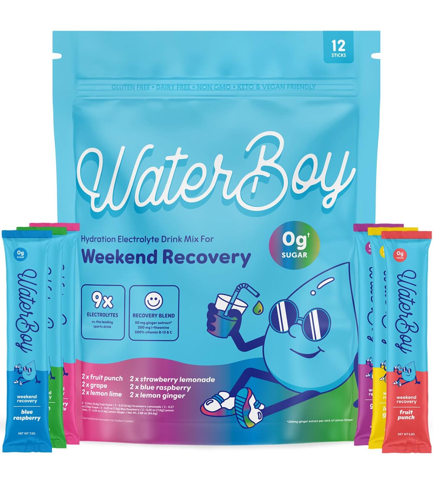 Waterboy Weekend Recovery Sample Pack | 3 200mg Electrolyte Powder | All Natural Gluten Free | 12 Sugar-Free Drink Mixes - Buy Online on GoSupps.com